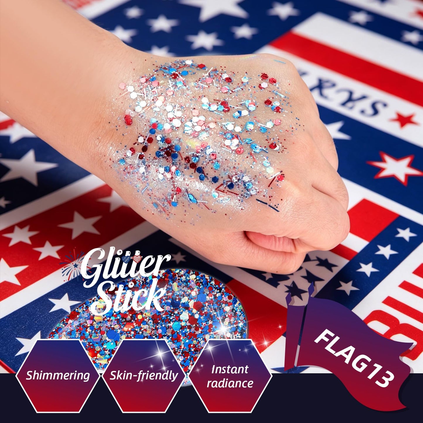 KAICOERLY Patriotic Glitter Stick for Face and Body – Red White and Blue Chunky Sequins, 4th of July Accessories for Women, President's Day Gifts, USA 250th Anniversary Merchandise #13