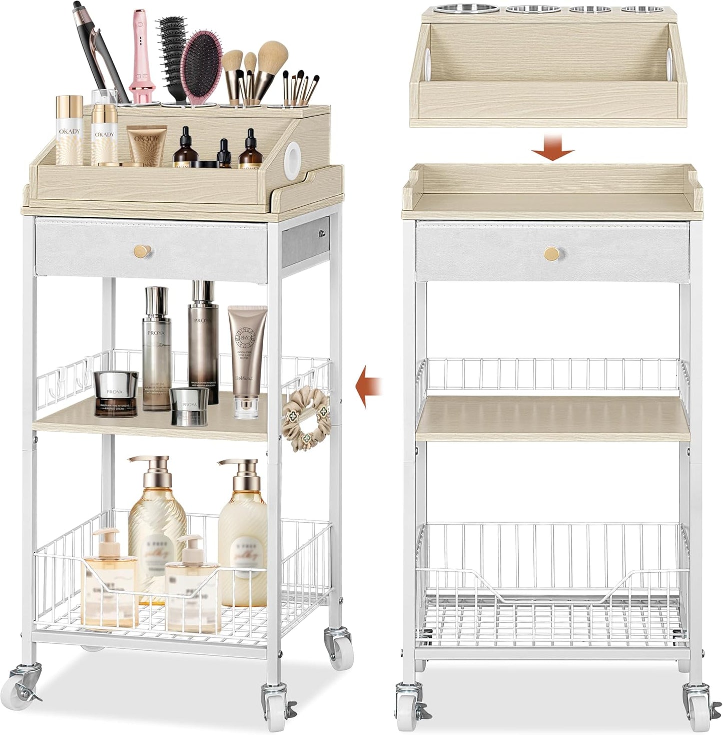 Large Makeup Organizer Cart - Rolling Vanity Storage with Hair Tool Holder | Gold & Black, 2-in-1 Design