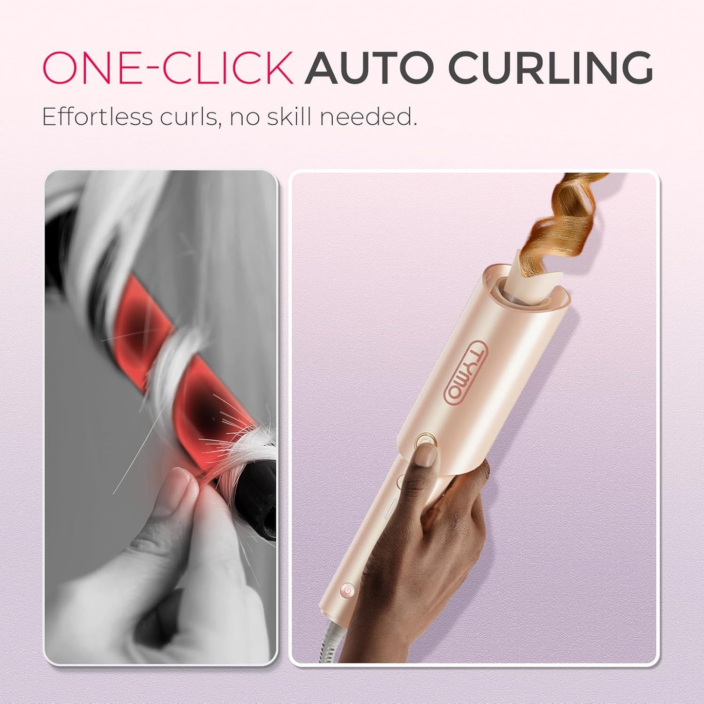 Tymo Automatic Rotating Curling Iron - 1-Inch Beach Waves Curling Wand with Ionic Technology | Lightweight & Dual Voltage for Travel, Ceramic Coating, Peach