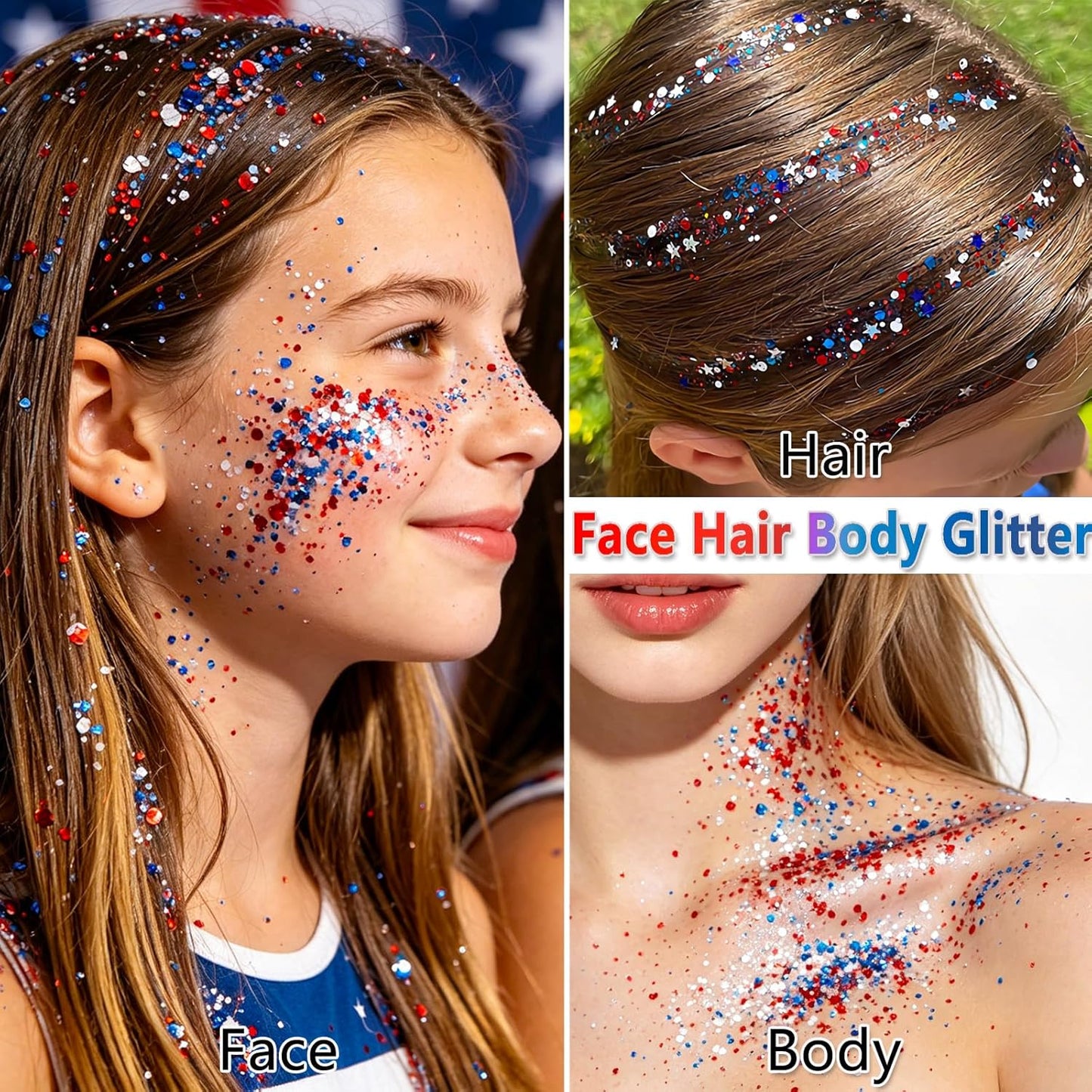 Patriotic Red White Blue Hair Glitter - Sparkling 4th of July Body & Face Glitter | Waterproof Makeup for Celebrations