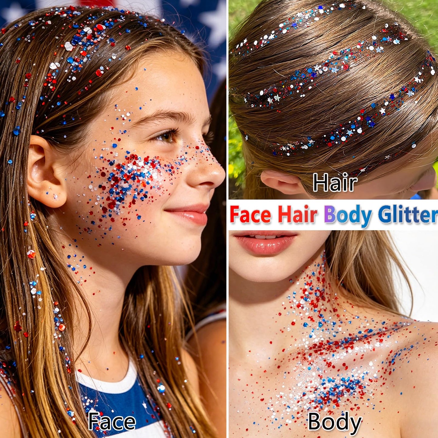Patriotic Body Glitter Stick, Red White and Blue Face Glitter, Hair Glitter, 4th of July Face Glitter, Waterproof Glitter Makeup for World Cup 2026, Soccer Game, Fans Party, Cosplay Makeup