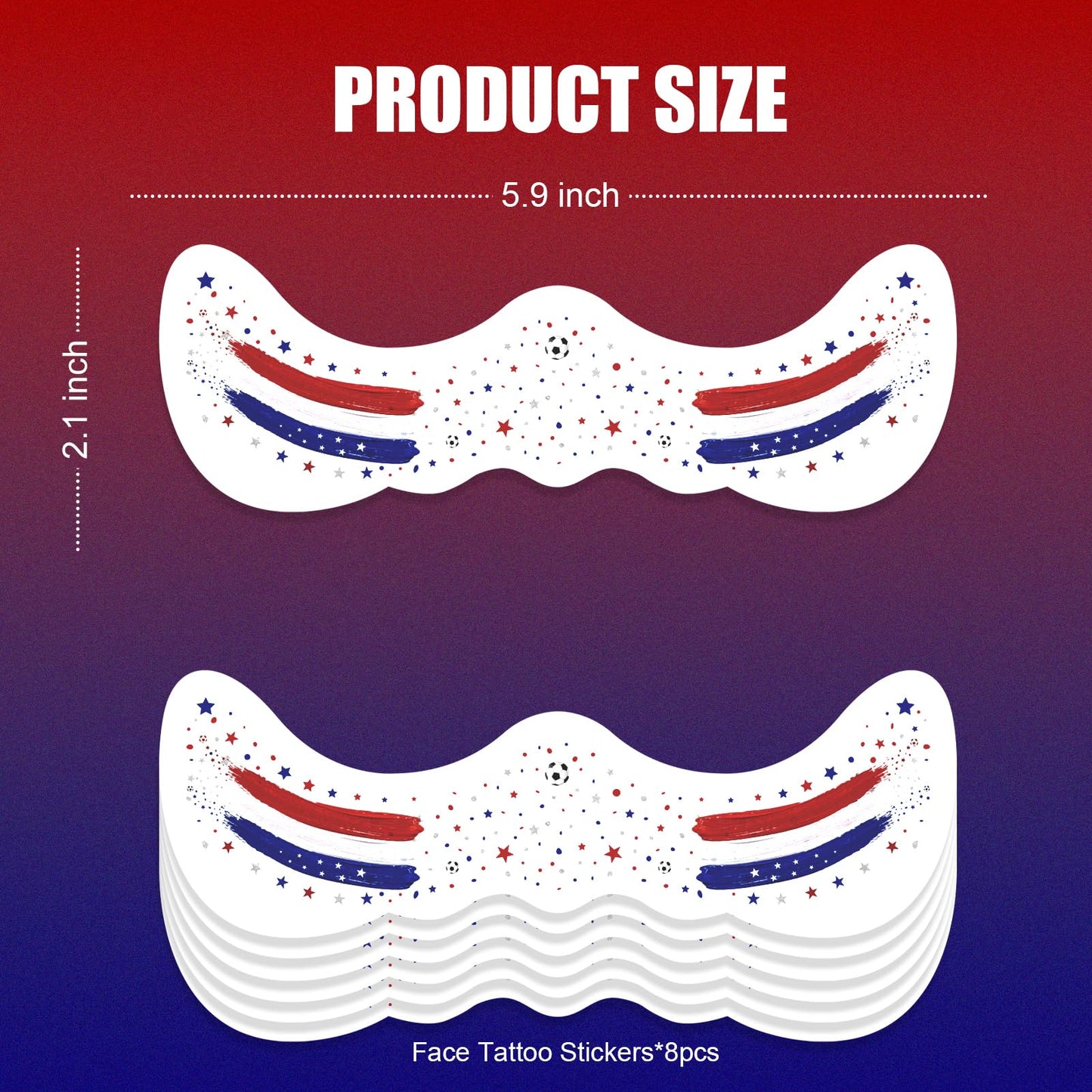 VXZ Red White Blue USA Soccer Fan Freckles Face Tattoo - Tricolor Brushstroke Temporary Tattoos | Waterproof Sports Sparkle Stickers for Football Matches & Game Day Celebrations (8 Sheets)