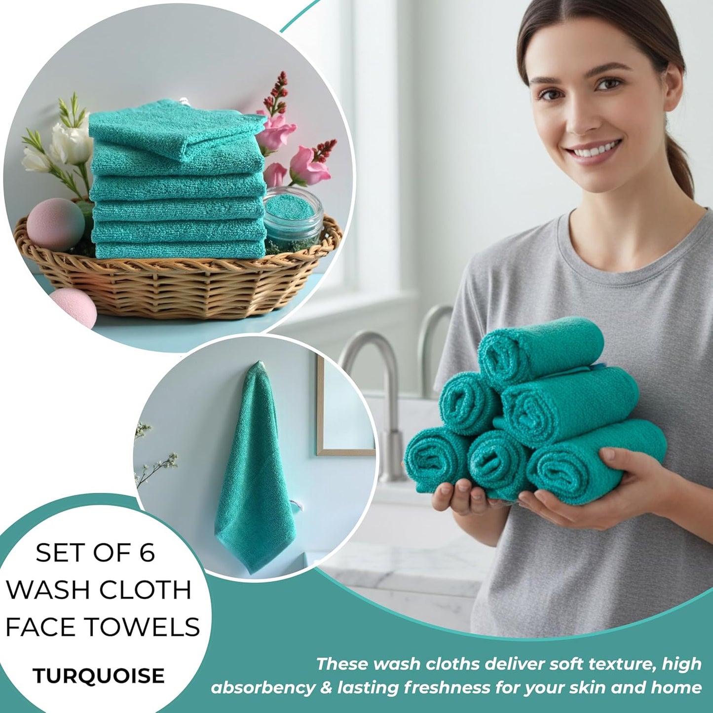 Turquoise Cotton Wash Cloths - Soft Absorbent Terry Towels | 12"x12" 6-Pack for Adults & Kids