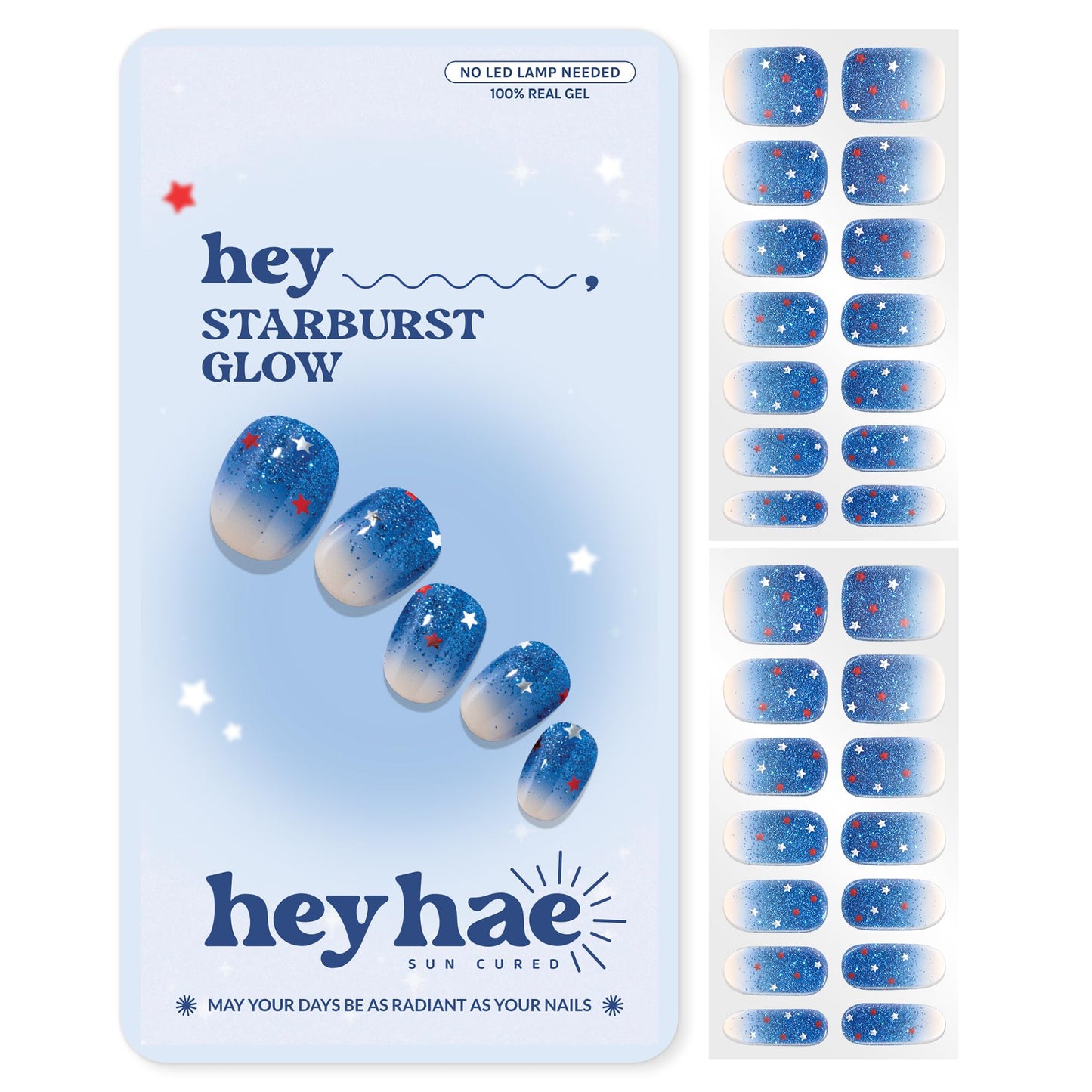 Heyhae Semi Cured Gel Nail Strips | No LED Lamp Needed |Blue, Ombre, Glitter | Easy Apply & Remove, Salon Quality | Includes 28 Strips, 2 Prep Pads, Nail File & Wooden Stick - Hey, Starburst Glow