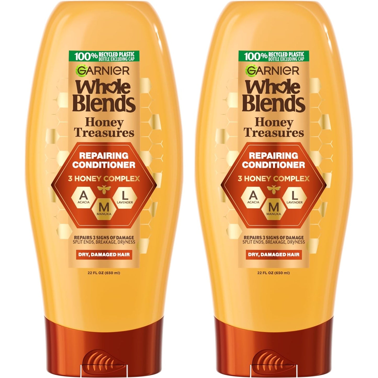 Garnier Whole Blends Honey Treasures Repairing Conditioner - Nourishing Formula for Dry, Damaged Hair | 22 Fl Oz, 2 Count