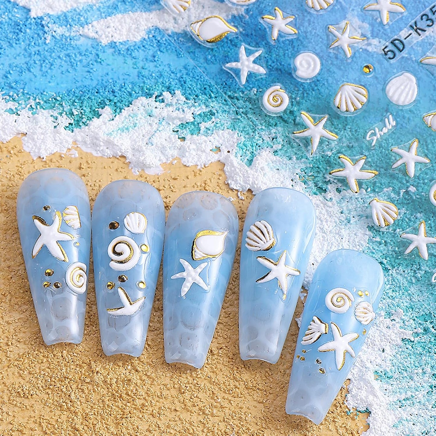 5D Embossed Beach Nail Stickers - Ocean-Themed White & Gold Shell & Starfish Designs | 2PCS Self-Adhesive Nail Art for Summer Manicure