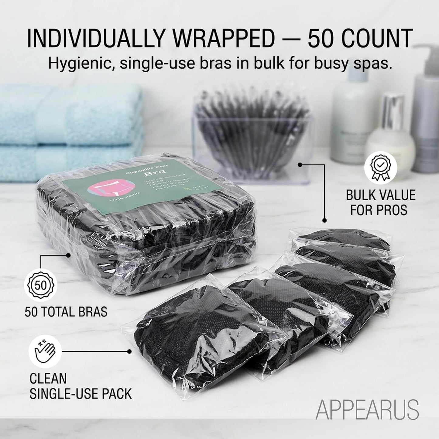 APPEARUS Disposable Spa Bras 50 Count - Black Backless Underwear for Spray Tanning and Salon Services - Opaque Non-Woven Beauty Essentials for Massage Waxing or Professional Esthetician Supplies