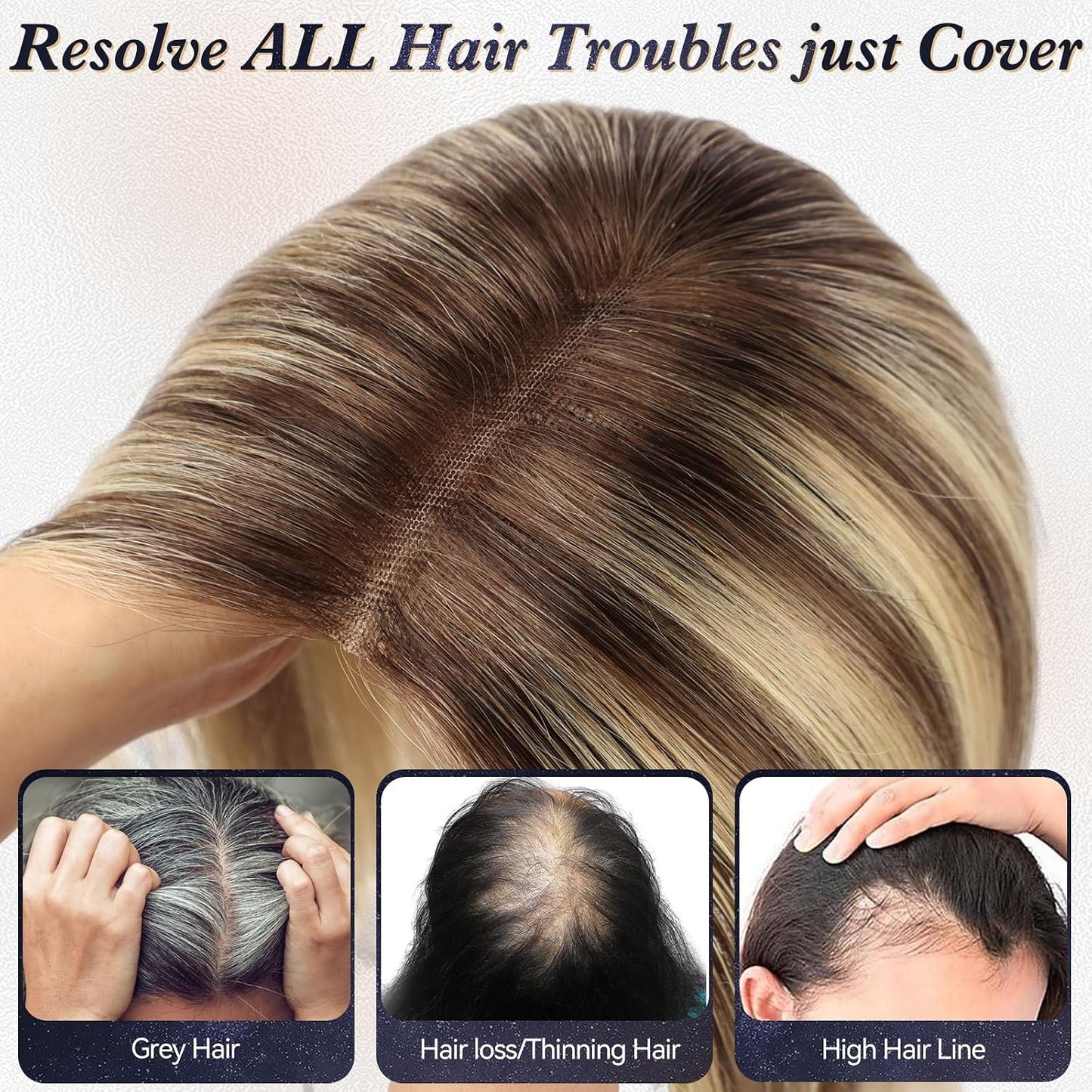 Real Human Hair Toppers for Women - 14 Inch Silk Base | Ash Blonde Mixed Brown with Bangs - 60g
