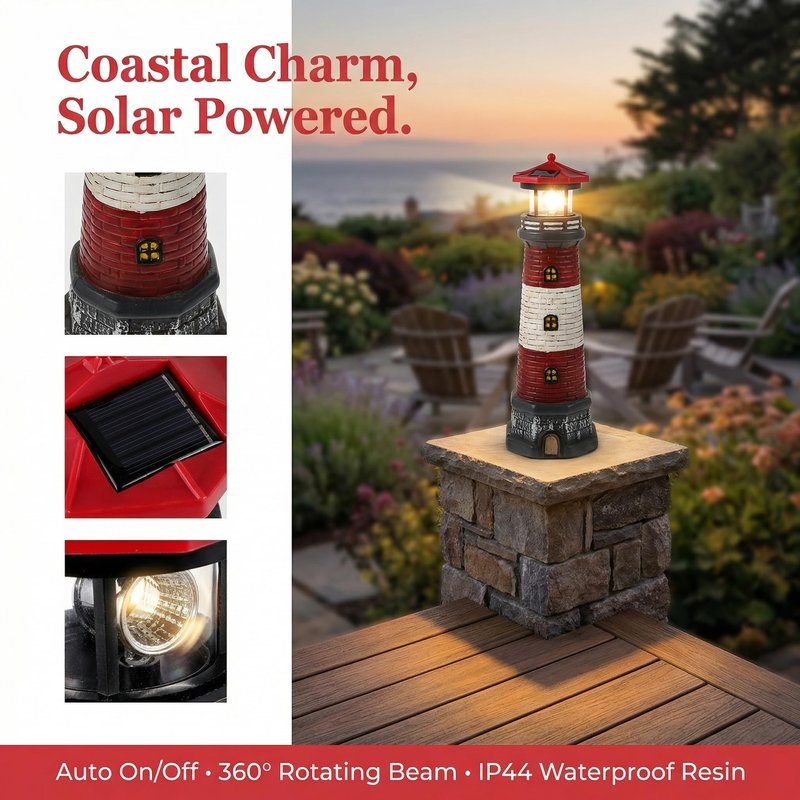 Solar Lighthouse Outdoor Statues, 360° Rotating Beacon Garden Lighthouse, 15" Light House for Outside Garden Yard Decor, Waterproof Resin Nautical Figurines for Patio Lawn Landscape Lighting (Red)