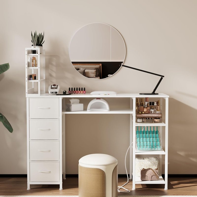 Manicure Table - Nail Desk with Drawers & Power Outlet | Beauty Workstation for Home & Salon (White)
