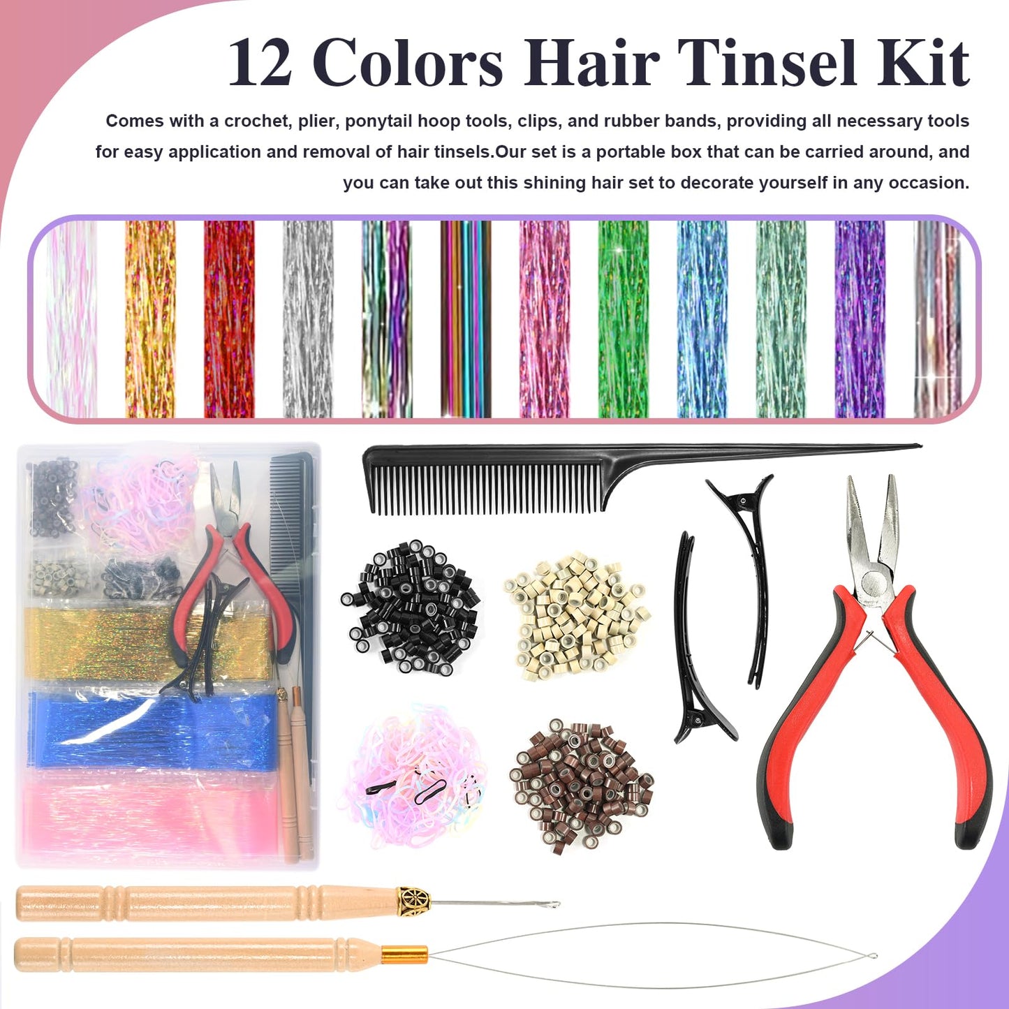 Leuceiy 12 Colors Hair Tinsel Kit, 48 Inch Hair Extensions With Tool, 3600 Strands Sparkling Dazzle Glitter Shiny Fairy Hair Heat Resistant for Girls Women Christmas New Year Festival Party