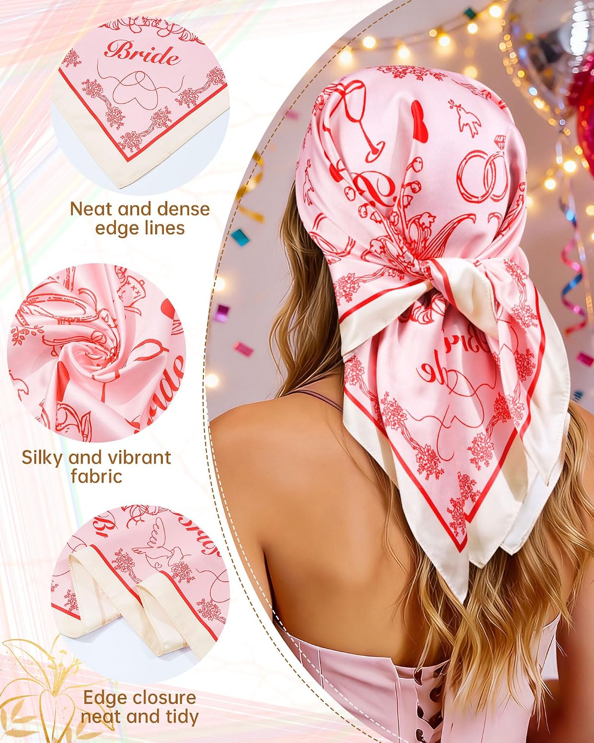Bride Head Scarf - Bachelorette Party Bandana | 27.5" Square Satin Handkerchief for Weddings & Events