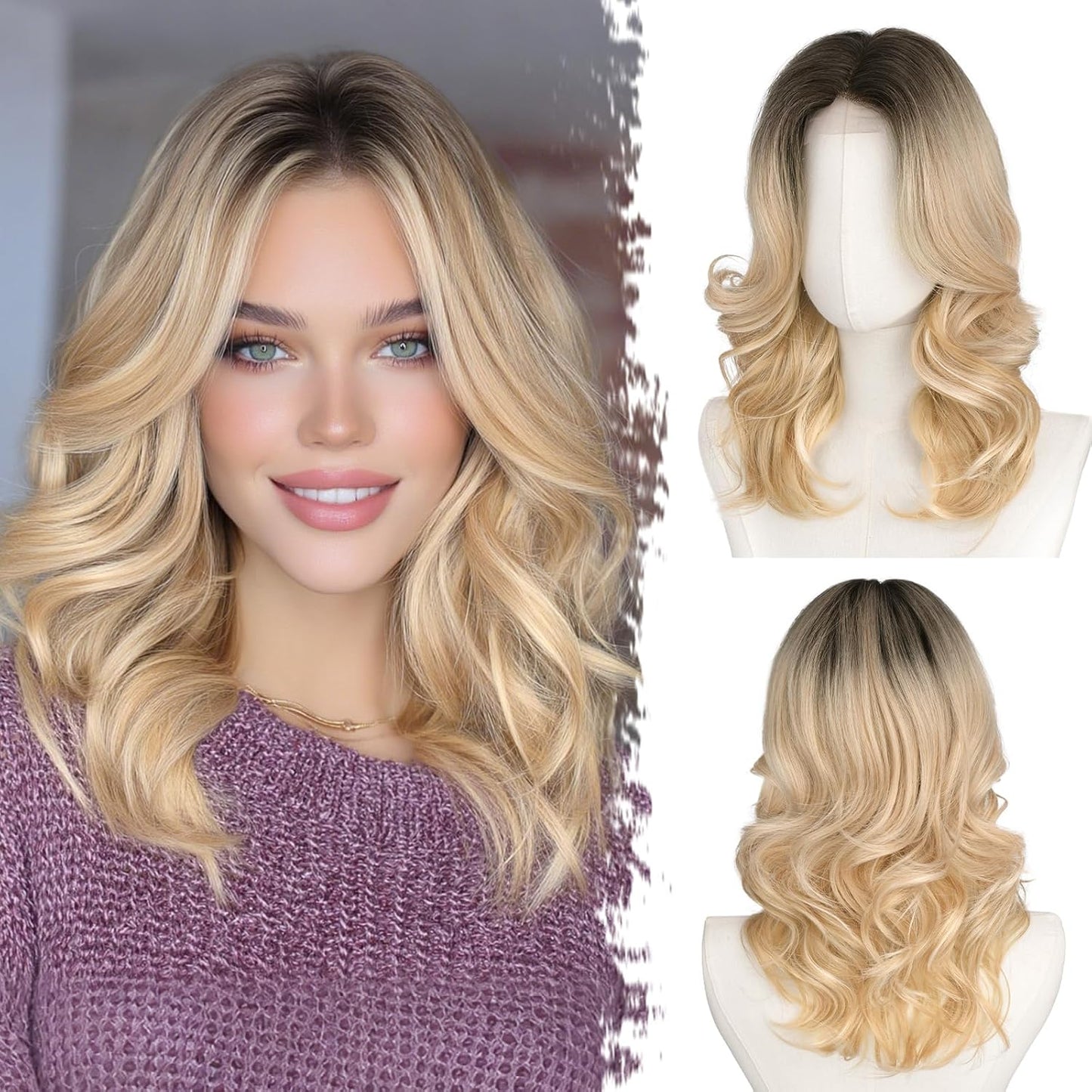 Short Wavy Layered Blonde Ombre Wig - Shoulder Length Body Wave with Face-Framing Bangs | Soft Synthetic Hair for Daily Wear