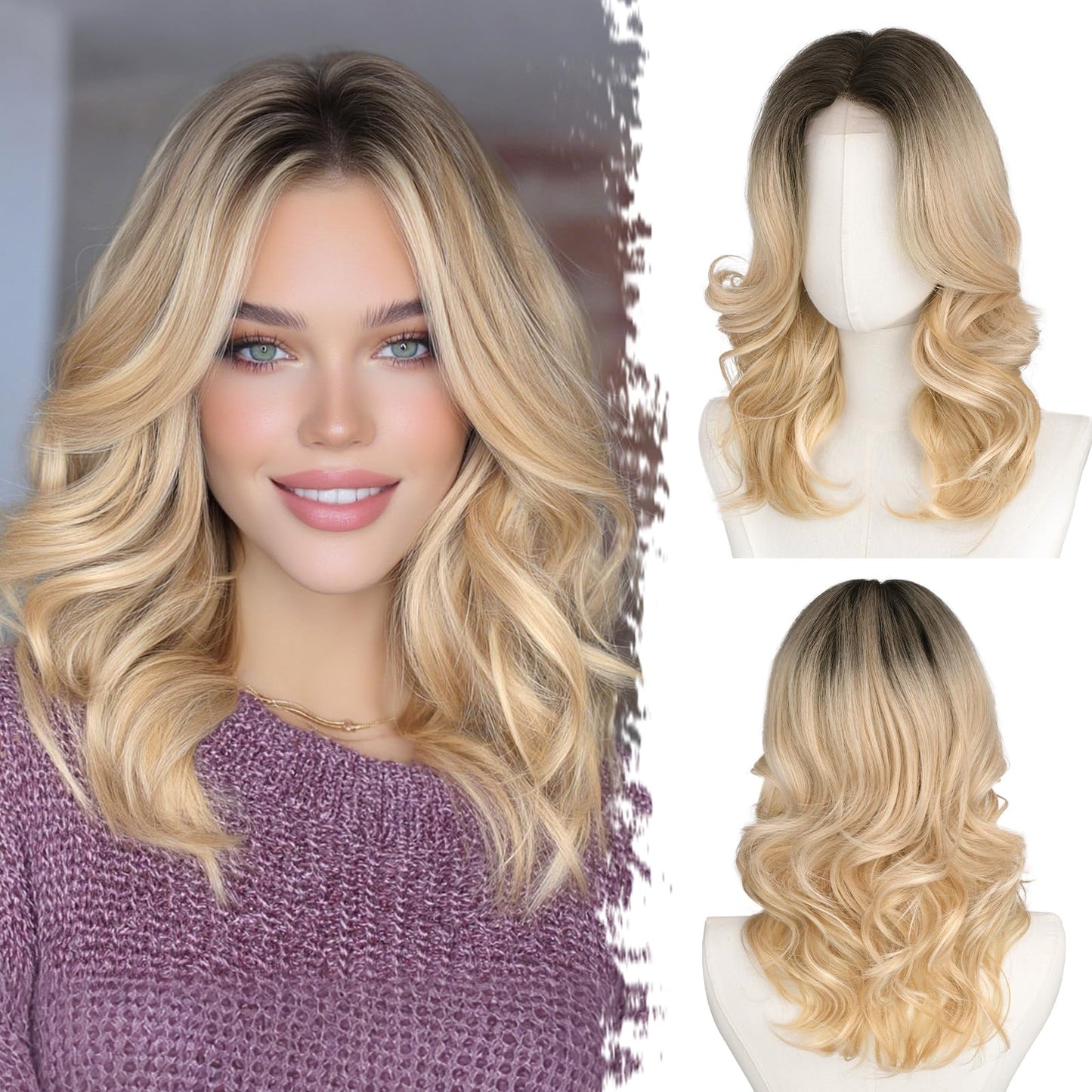BARSDAR Short Wavy Layered Blonde Ombre Wig - Shoulder Length Wavy Ombre Blonde Wigs for Women - Short Body Wave Layered Wig with Face-Framing Curtain Bangs Soft Synthetic Natural Looking Daily Party