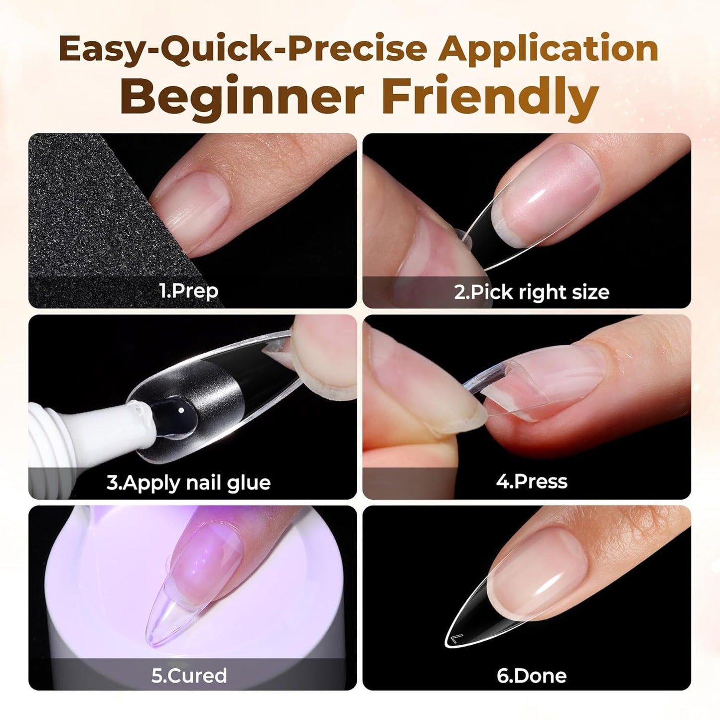Medium Stiletto Press-On Nails - 504 Pcs Clear Gel Nail Tips | Full Cover Pre-Etched Acrylic, 12 Sizes Available