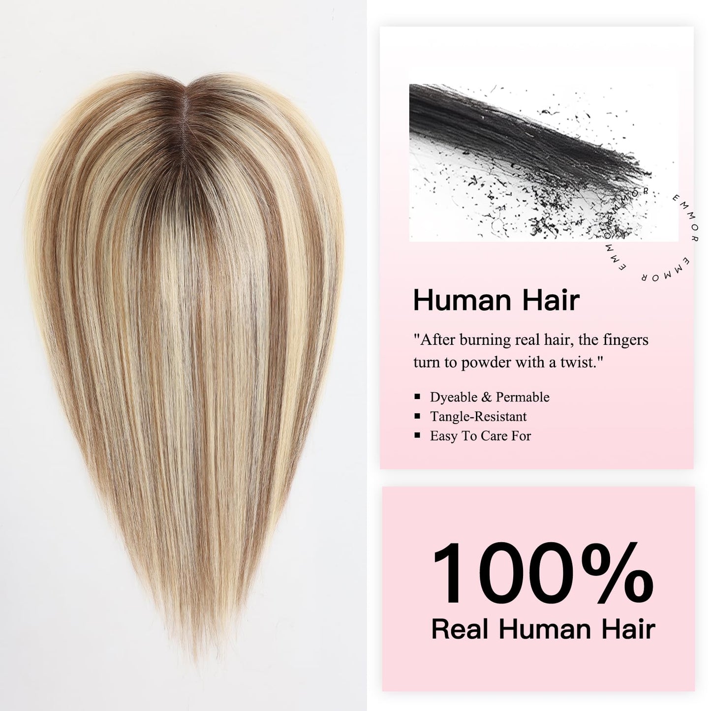 EMMOR 14 Inch Human Hair Topper for Women - 5" × 6" Upgrade Swiss Lace Base with 3 Non-Slip Clips, 100% Real Hair Toppers for Thinning Hair & Natural Looking-Straight Bang(#005)
