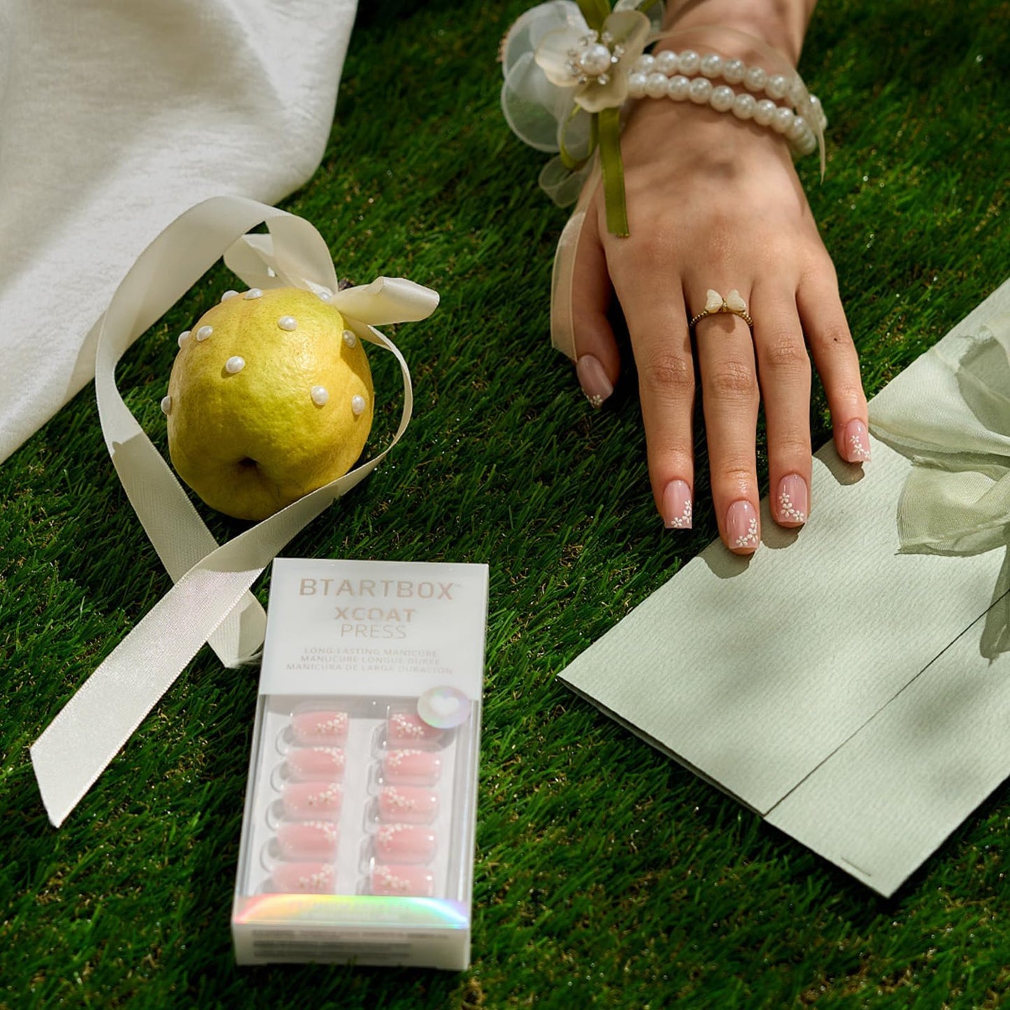 BTArtbox Press On Nails, Wrist Corsage, Short Square, 3D Pink Flower, 32Ct