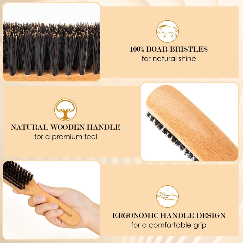 STYLEMATE Boar Bristle Slick Back Hair Brush for Women Men, Natural Soft Bristle Hair Brush for Thin & Fine Hair, Medium Hardness Smoothing Hairbrush for Polishing, Deepening & Styling