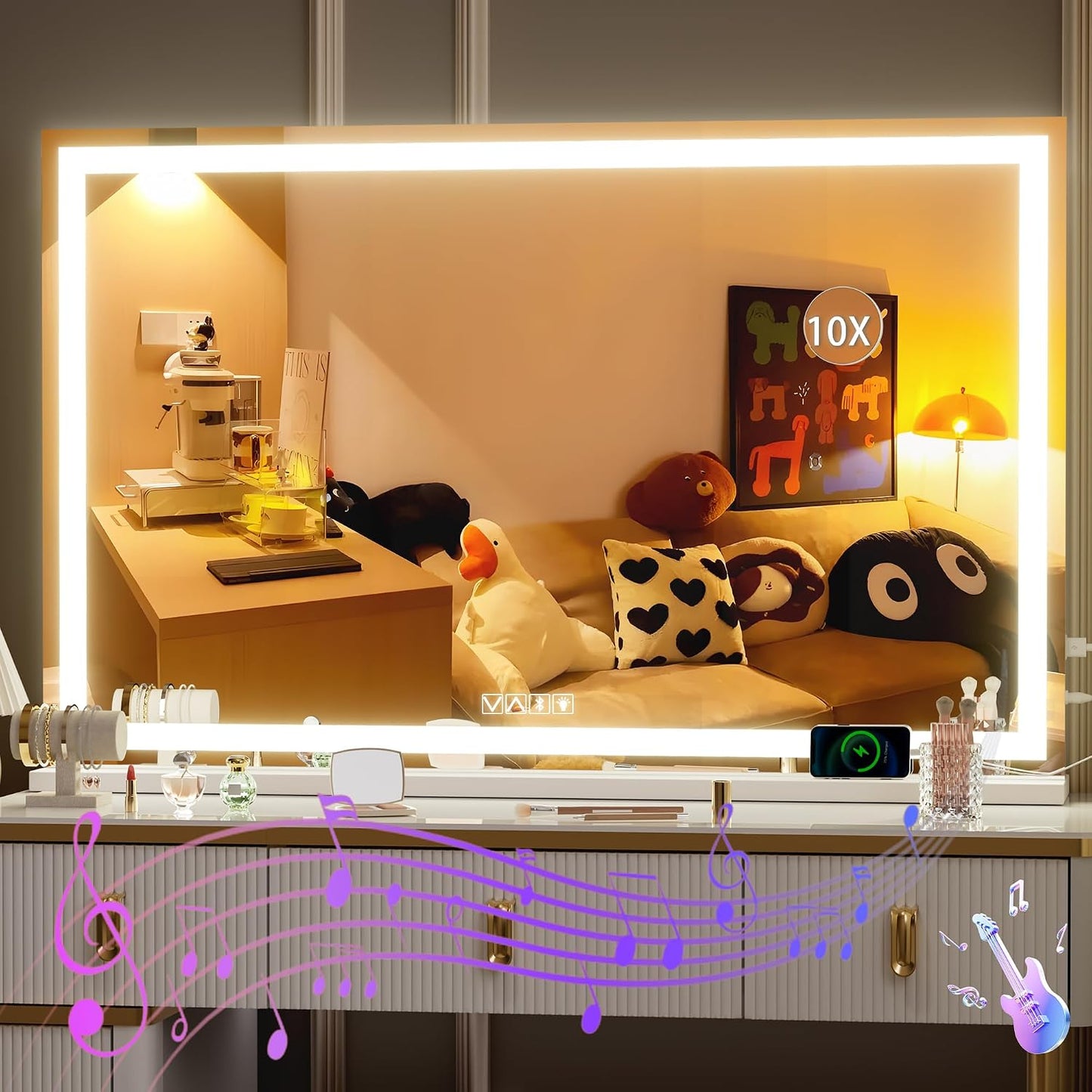 LED Makeup Mirror with Lights - 31.5" x 22" Dimmable Touch Screen Vanity Mirror | Round Black Design