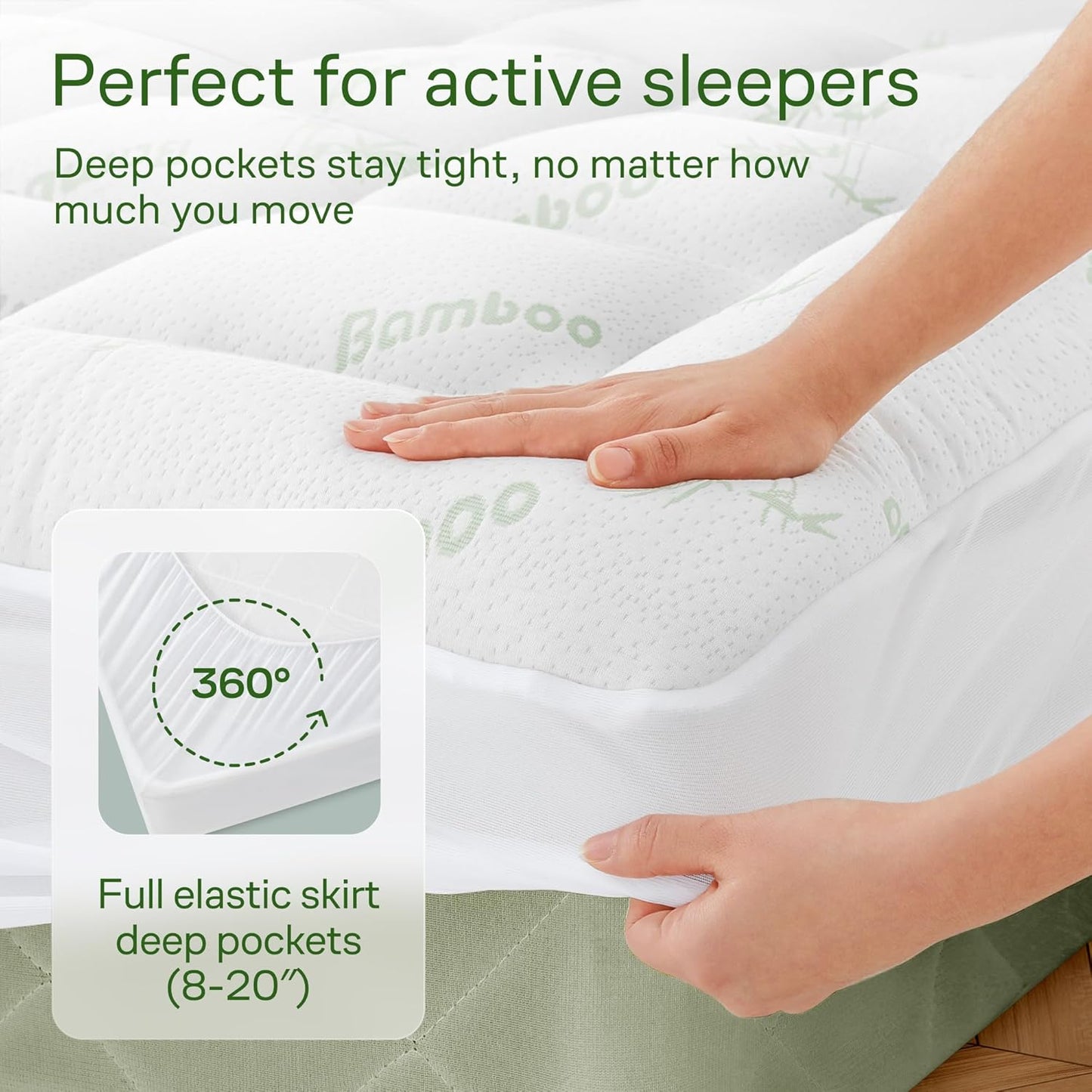 Ultra Soft Full Size Mattress Topper - Bamboo Pillow Top for Back Pain Relief | Naturally Cooling, Green