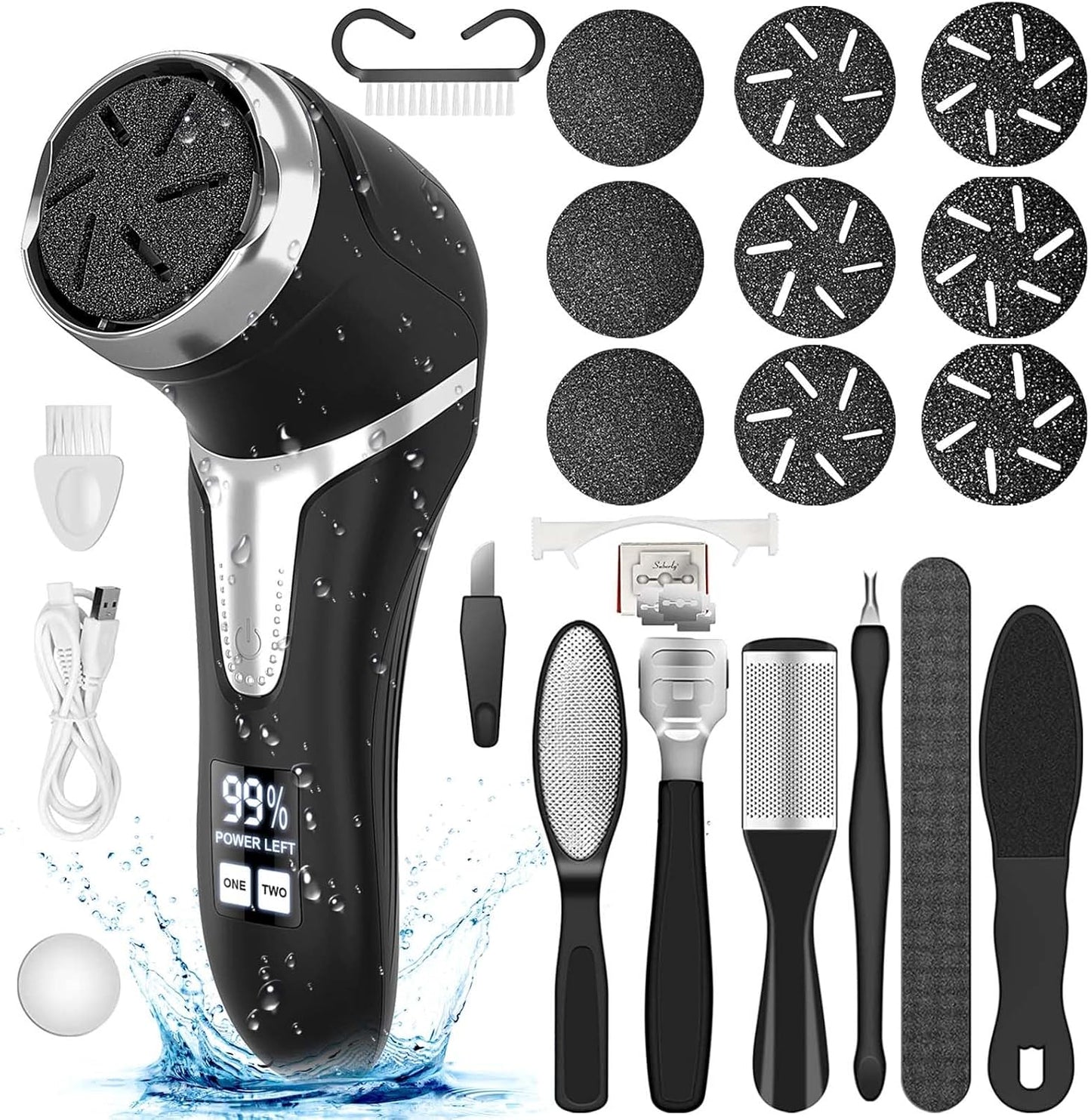 Electric Callus Remover - Portable Rechargeable Foot File with Dander Vacuum & LCD Display | Waterproof Pedicure Kit