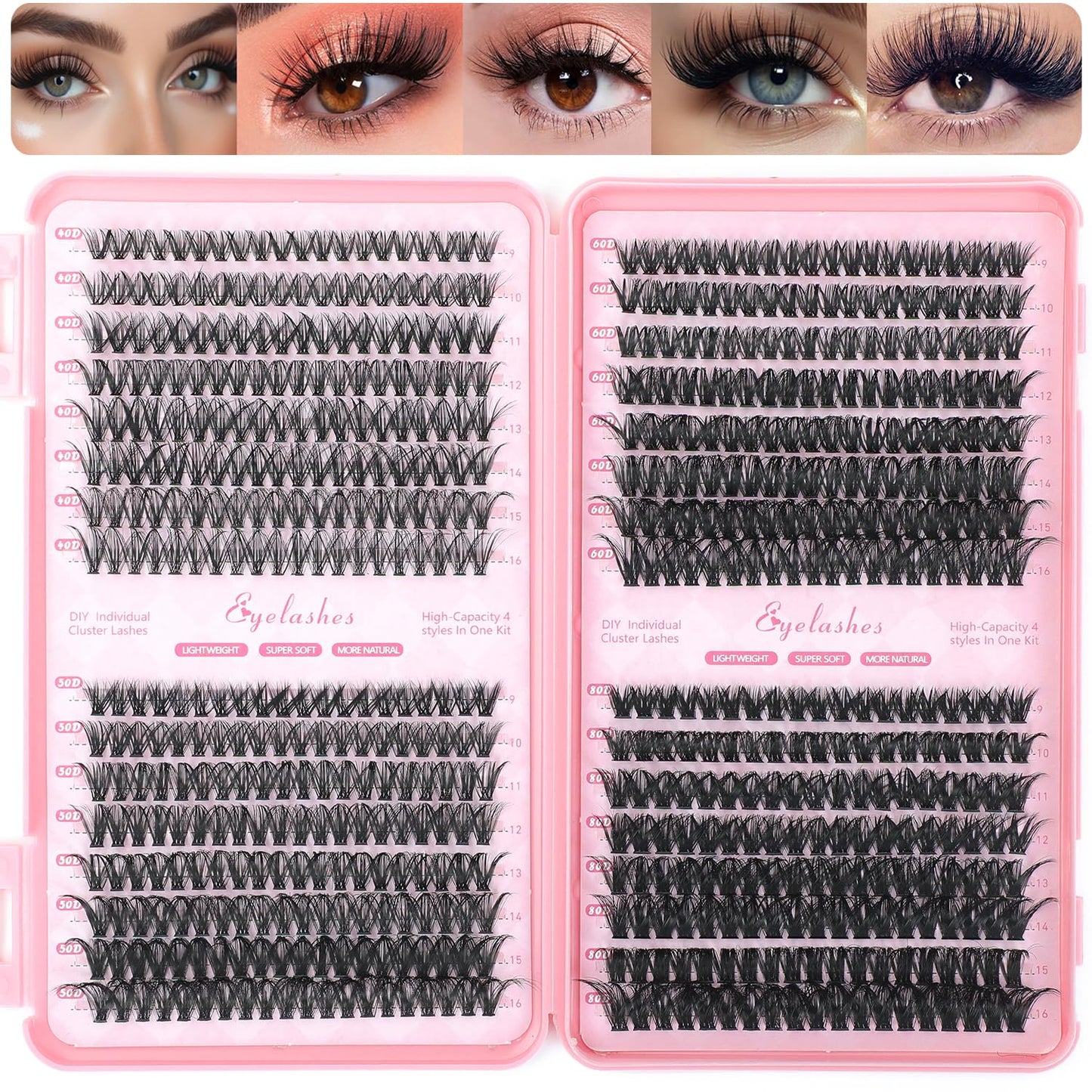 Lash Clusters Kit - 640 Pcs Fluffy Wispy Individual Eyelashes 9-16mm D Curl | Thin Band with Tweezers & Bond Seal