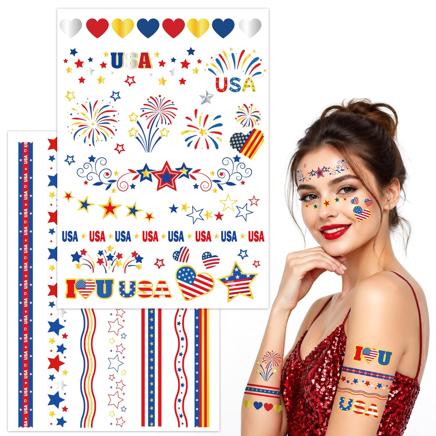 HOWAF 4th of July Body Tattoos, Women 4th of July Parade Outfit, Red White Blue Star Stripe Lace Temporary Tattoo Face Tattoo for USA 250th Anniversary Accessories, 250 Years of Freedom Favors