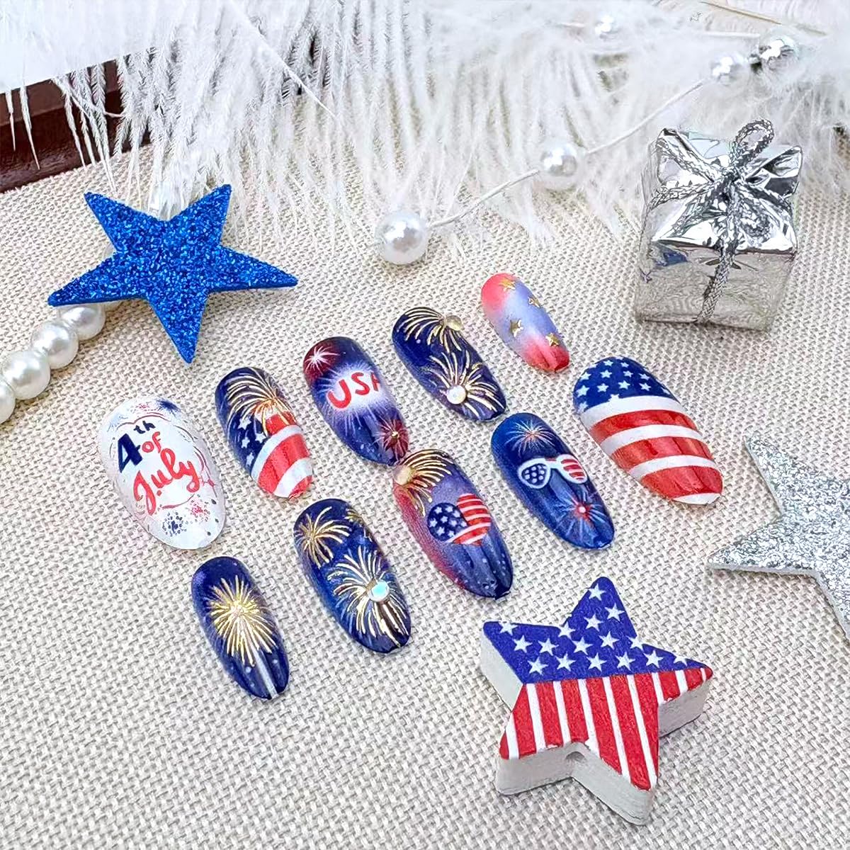 30Pcs 4th of July Press-On Nails - Medium Almond Patriotic Acrylic Nails | Red, Blue & White Designs