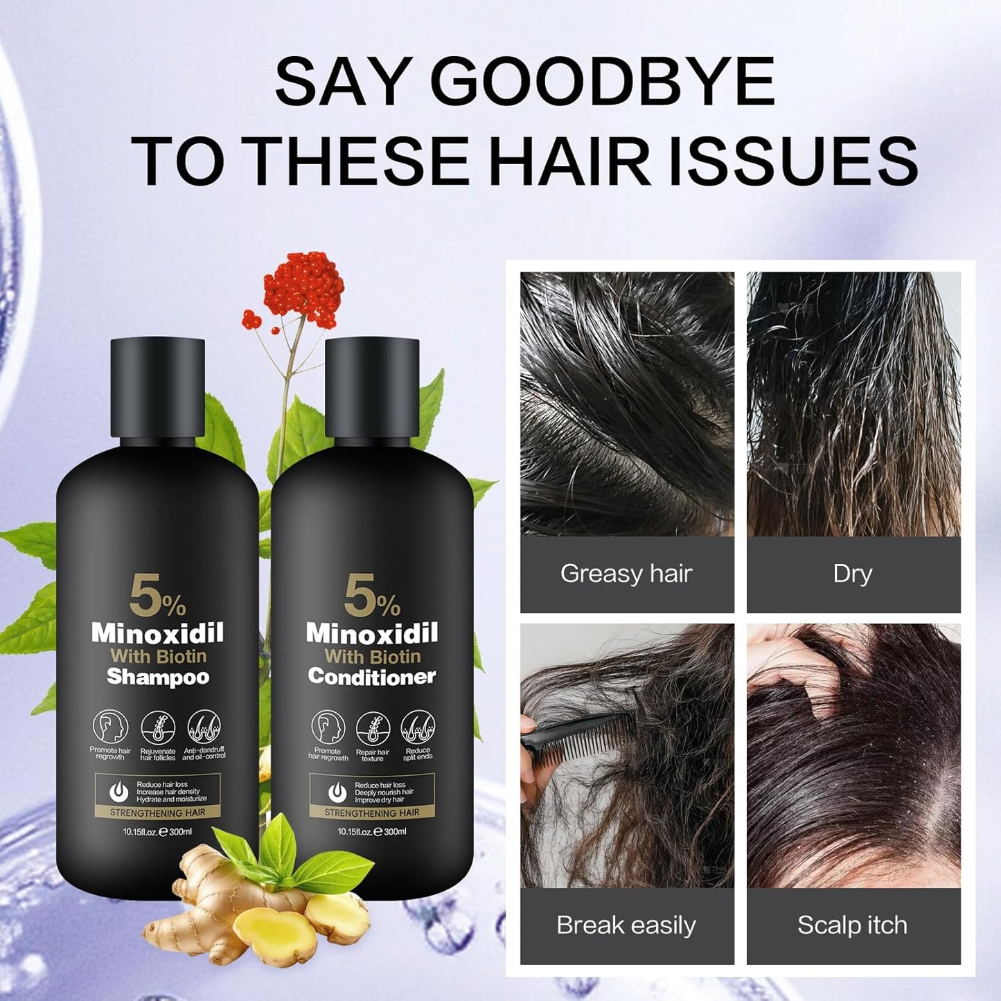 Minoxidil Shampoo & Conditioner Set for Hair Growth - Biotin & Ginseng Formula | 600ml Duo for Thicker, Fuller Hair