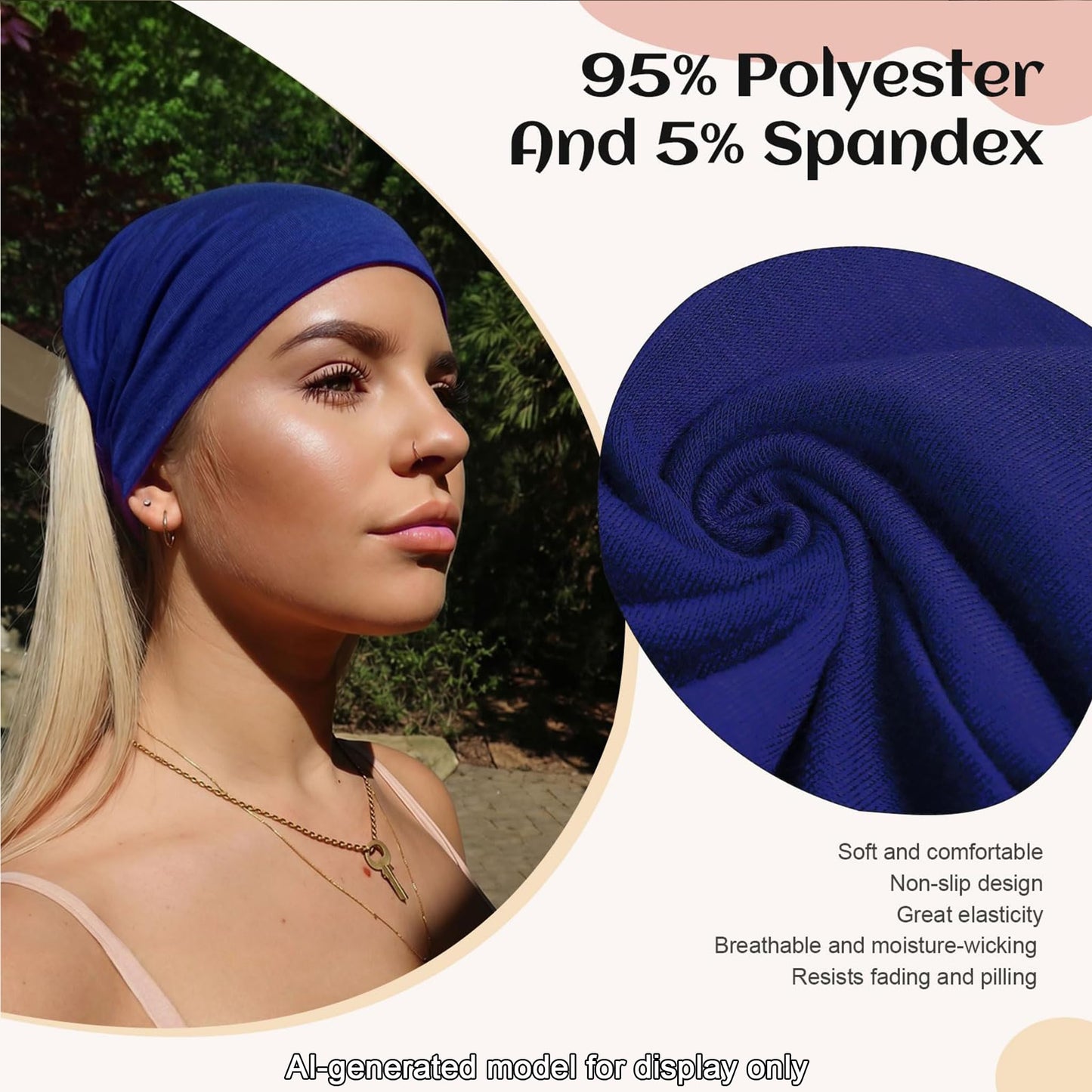 WENNKINN 7-Inch Wide Headbands for Women – 3 Pack Soft Thick Turban Hair Bands, Bandana-Style Head Wraps for Workout Yoga Sleep, Fashion Accessories with 6 Pcs Hair Ties-Blue, Purple Red, Black