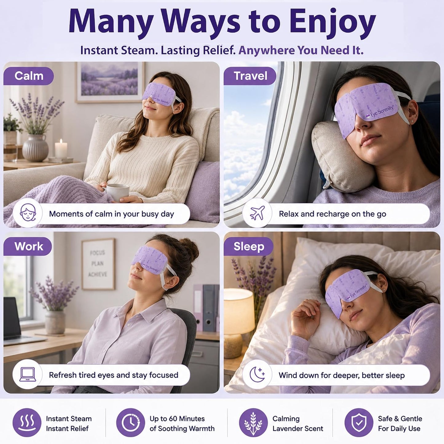 Heated Eye Mask - Eye Serenity Steam Mask for Dry Eyes | Moist Heat Relief for Styes & Puffiness - Lavender