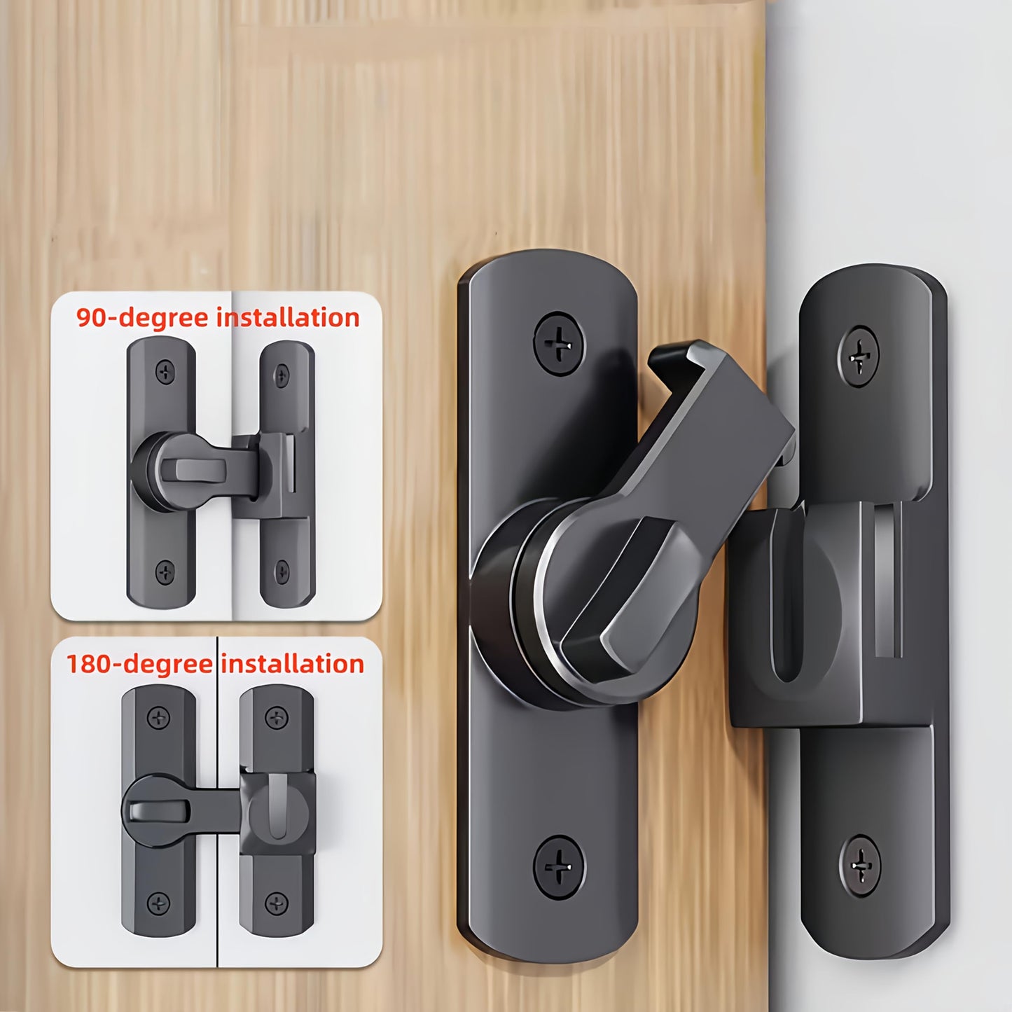 Heavy Duty Security Door Lock 1pc - Anti-Pry Bolt Lock with 90°/180° Adjustable Sliding Insert, Commercial Residential Grade, Manual Operation, Includes Screws，Black
