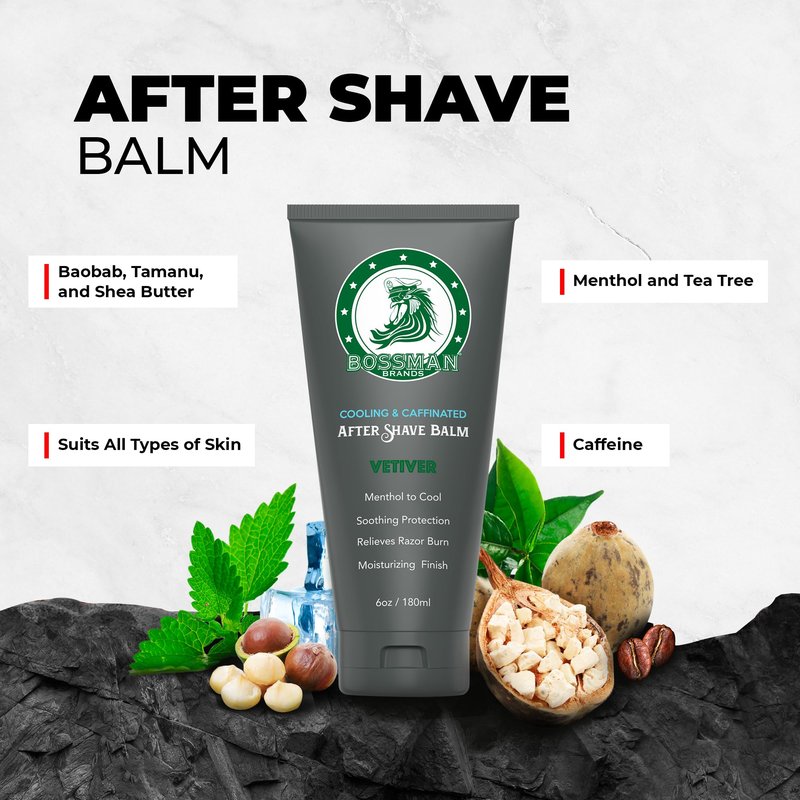 Bossman Cooling & Caffeinated After Shave Balm for Men – Soothes & Protects with Menthol, Caffeine & Tea Tree – Vetiver X Scent