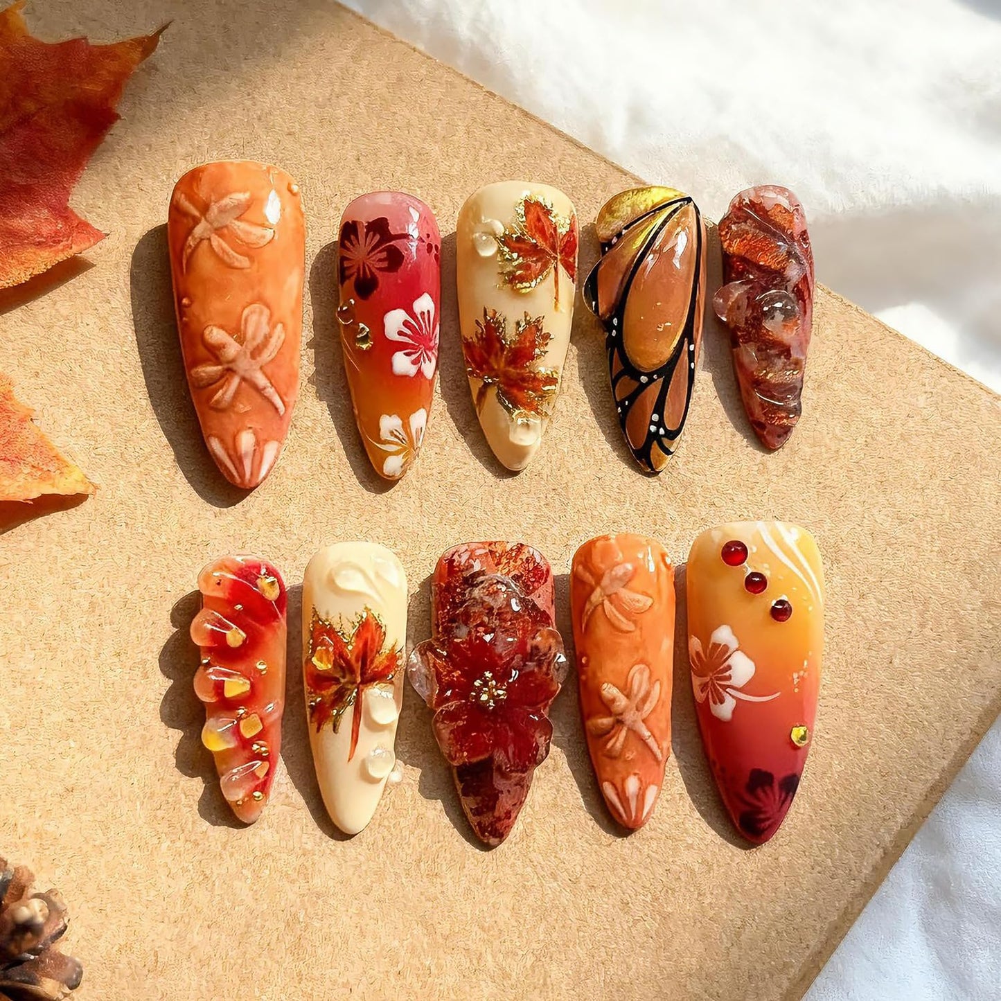 French Tip Press-On Nails - 24 Pcs Medium Almond with 3D Flower & Gold Rhinestones | Full Cover Nude Artificial Nails