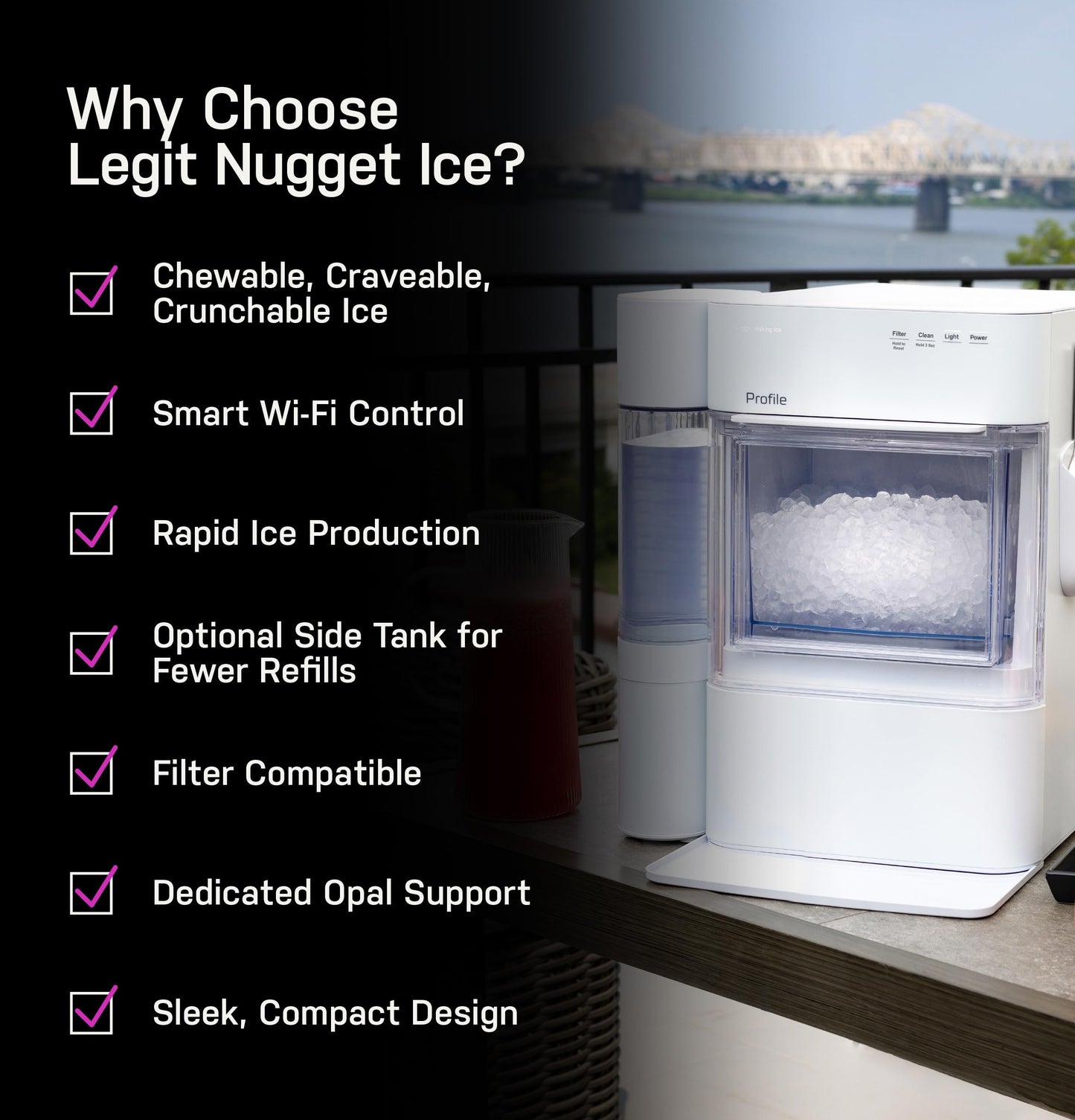 GE Profile Opal 2.0 Ultra Nugget Ice Maker with .75 Gallon Side Tank and Scale Inhibiting Filter, Scoop Included, 38 lbs in 24 Hours, Pellet Ice Machine with WiFi & Smart Connected, Stainless Steel