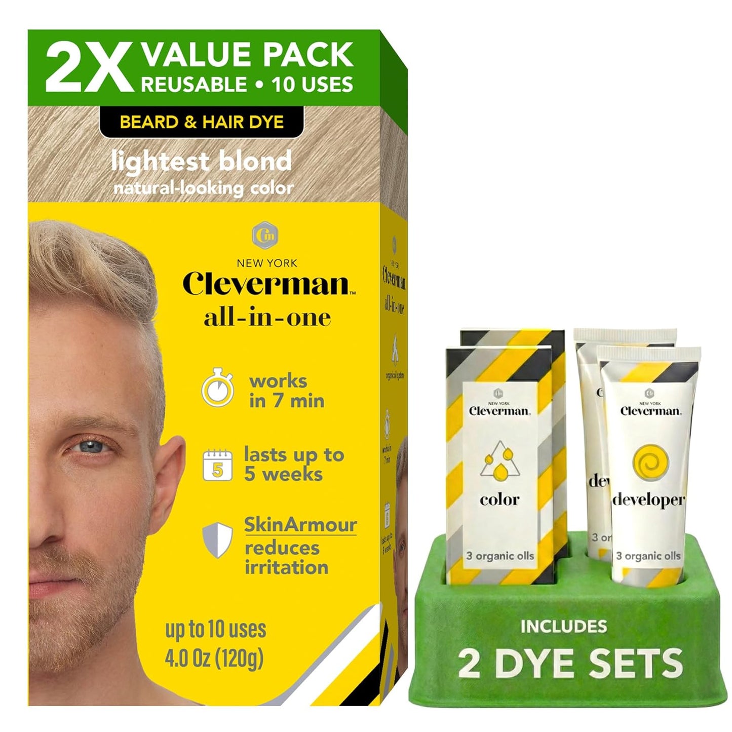 Cleverman Reusable Hair & Beard Dye for Men - Light Brown | Natural Gray Coverage, No-Drip Cream, 5 Uses in 7 Minutes
