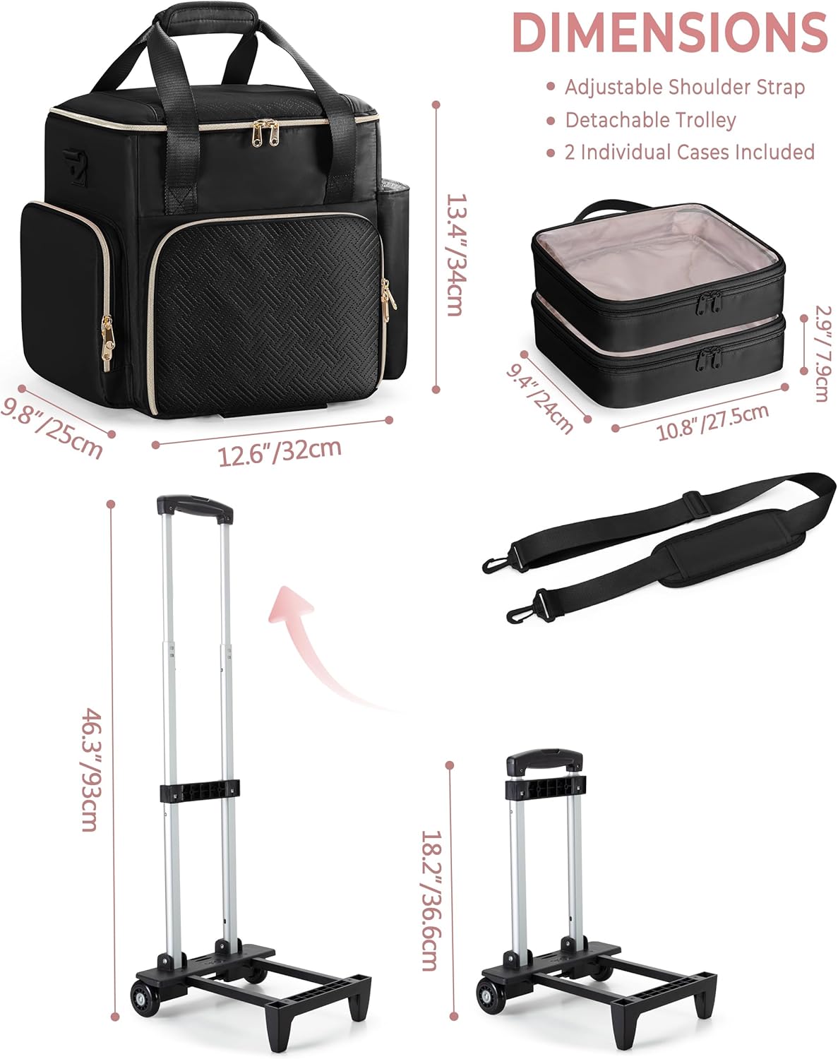 Rolling Hairstylist Travel Bag - Hair Tool Bag with Heat Insulation & 2 Pouches | Black