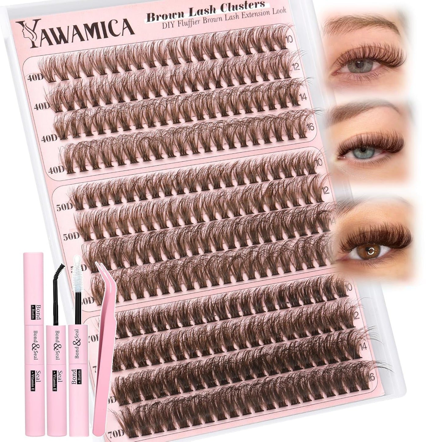 Eyelash Extension Kit - Fluffier Thick Volume 14-20mm D Curly Mink Lash Clusters | 240pcs DIY Individual Lashes with Bond, Seal & Applicator