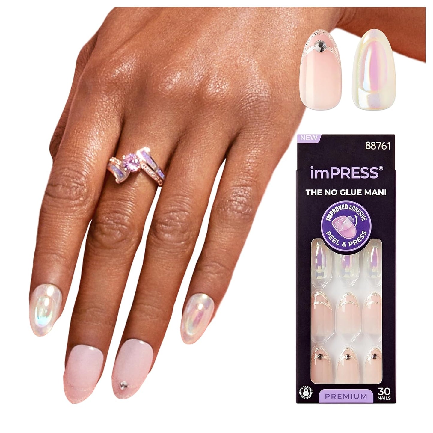Kiss Impress No Glue Mani Press-On Nails - 'Best Life' Almond Shape, Blue | Medium Size, 30 Nails & Accessories
