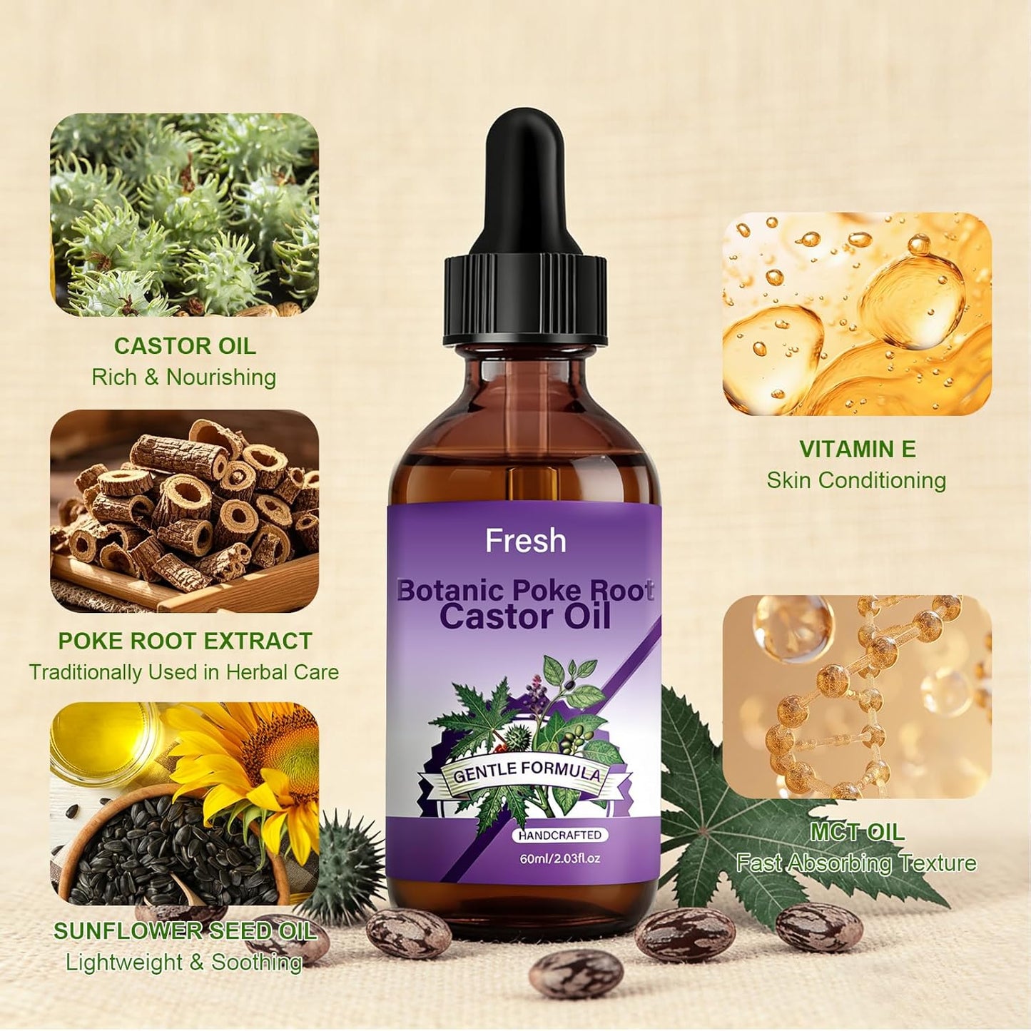 Poke Root & Castor Oil - Natural Lymphatic Support & Skin Wellness Blend with Vitamin E | Soothing Massage Oil