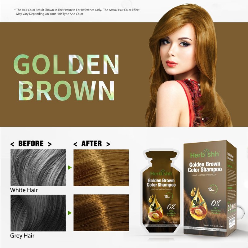 Herbishh Hair Coloring Shampoo with Argan Mask (10 Sachets + 1 Pouch) | 3-in-1 Dye, PPD-Free, Easy Application, Gray Coverage, Travel Pack | 6 Shades (Golden Brown)