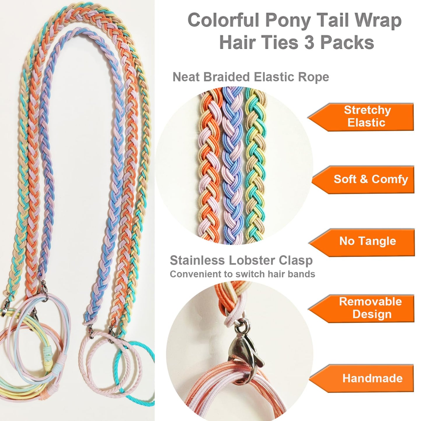 Long Spiral Hair Ties No Damage for Fine Thin Hair, 18" Soft Ponytail Holders Braided Pony Tails Wrap Hair Tie for Women Girls Stretchy Hair Bands for Wind Sports Motorcycle Skiing - 3 Packs