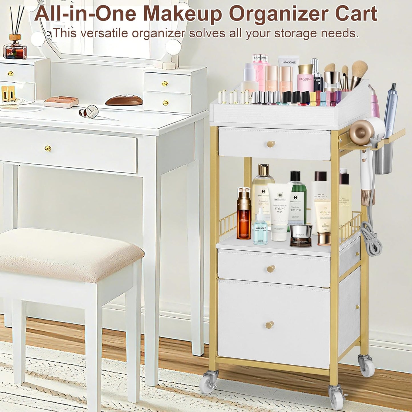 Makeup Organizer Cart - Rolling Vanity Storage with 3 Drawers & Adjustable Dividers | Gold & White