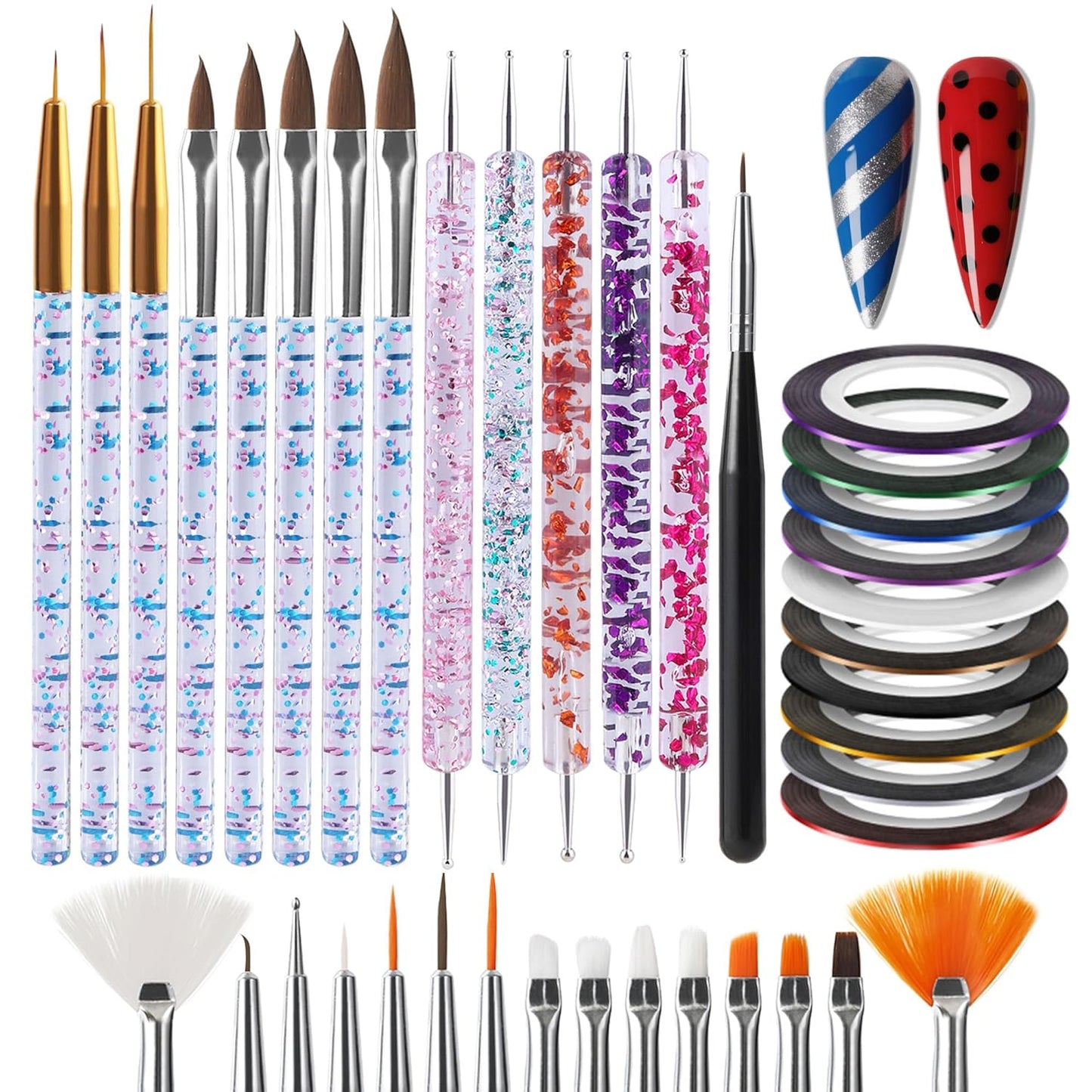 Artdone Nail Art Brush Set - 31 Pcs Professional Tools for Gel Polish Design | Dotting, Striping & Dust Brushes