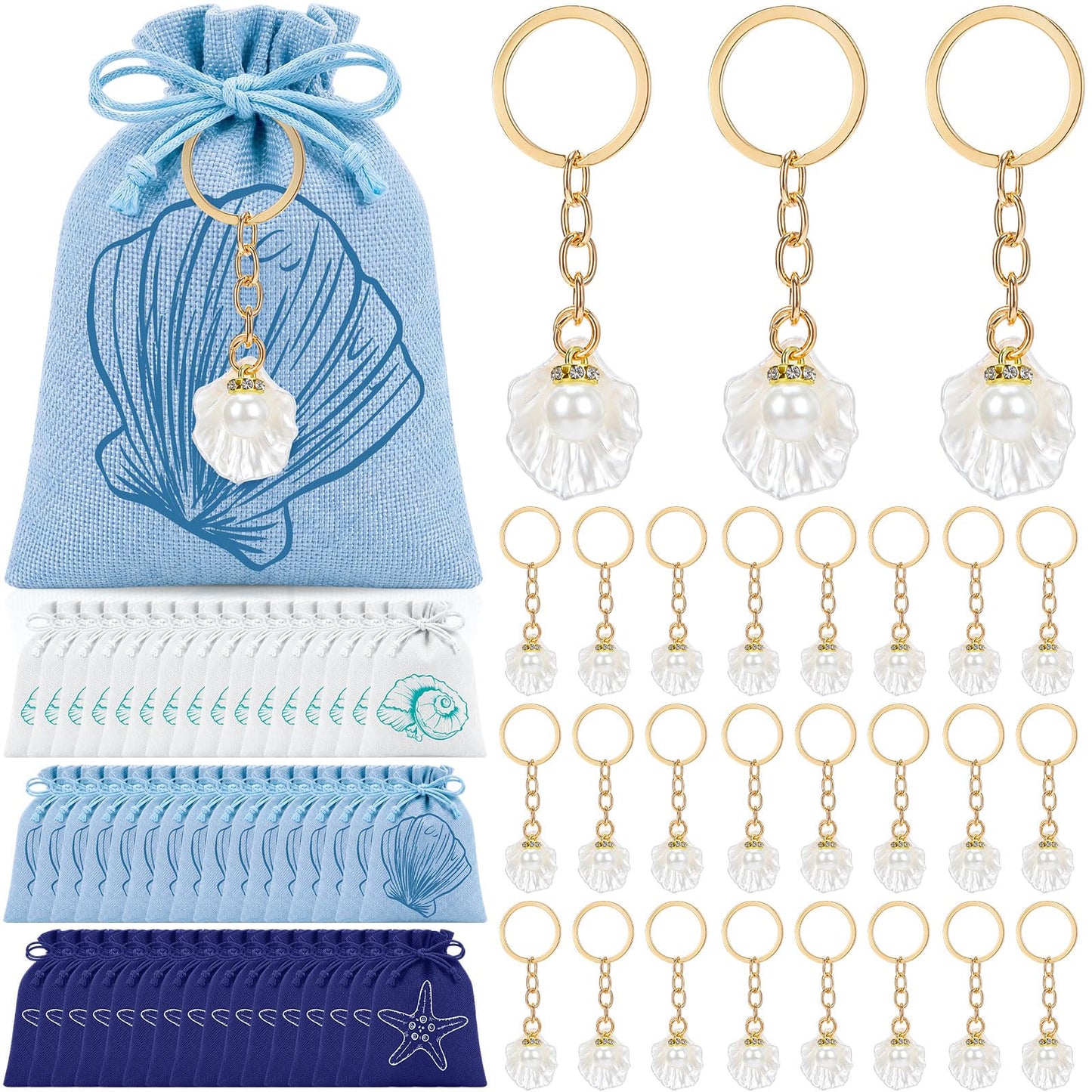 Equsion 48 Sets Beach Party Favors Ocean Seashell Keychain & Starfish Scallop Conch Burlap Bags Bachelorette Party Decor Last Toast on The Coast Nautical Bridal Shower Wedding Holiday Guest Gift Bulk