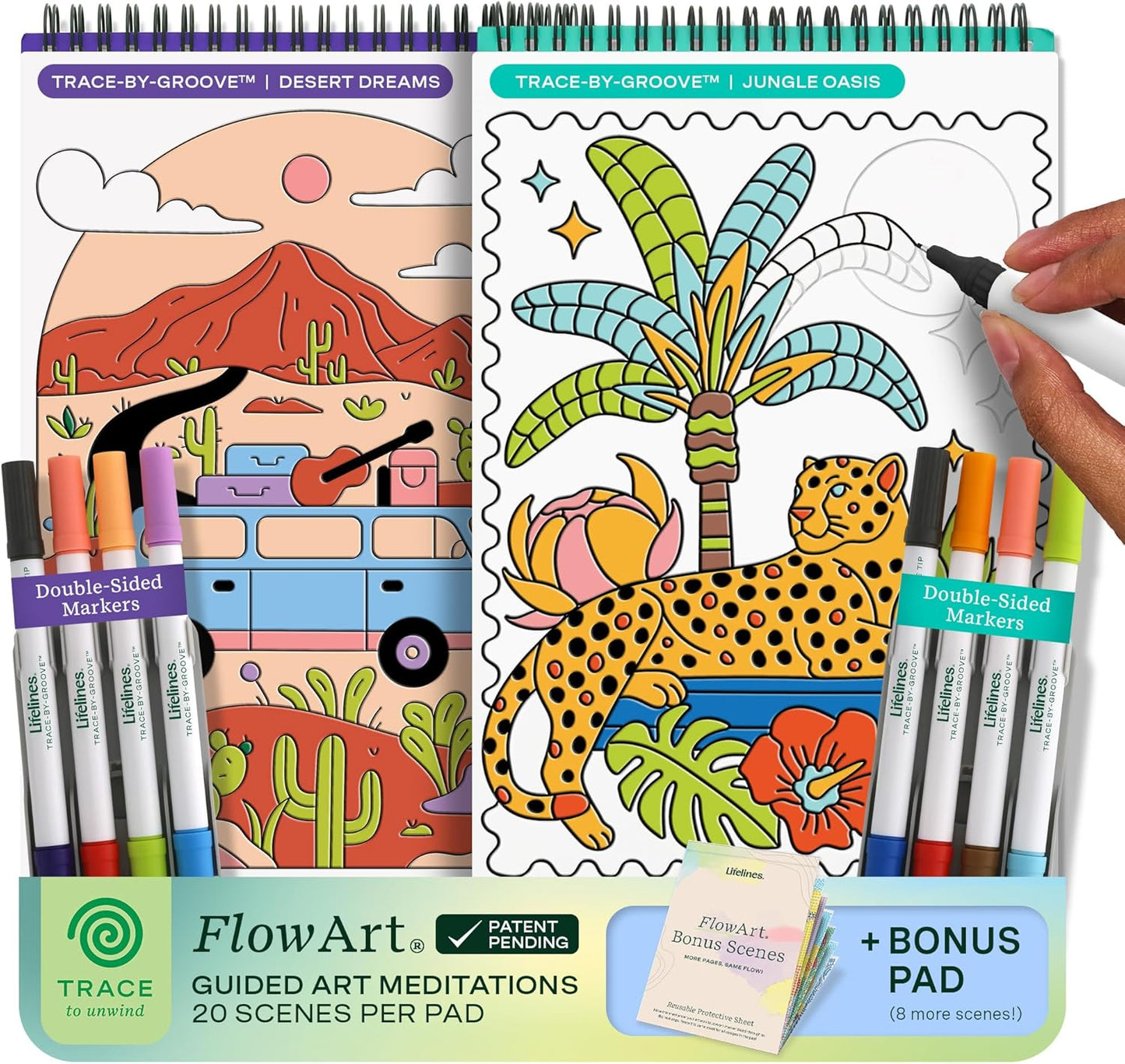 FlowArt Mini Activity Pads - Guided Dot-by-Letter Art Meditations | 3-Pack with 15 Markers & 60 Scenes for All Ages