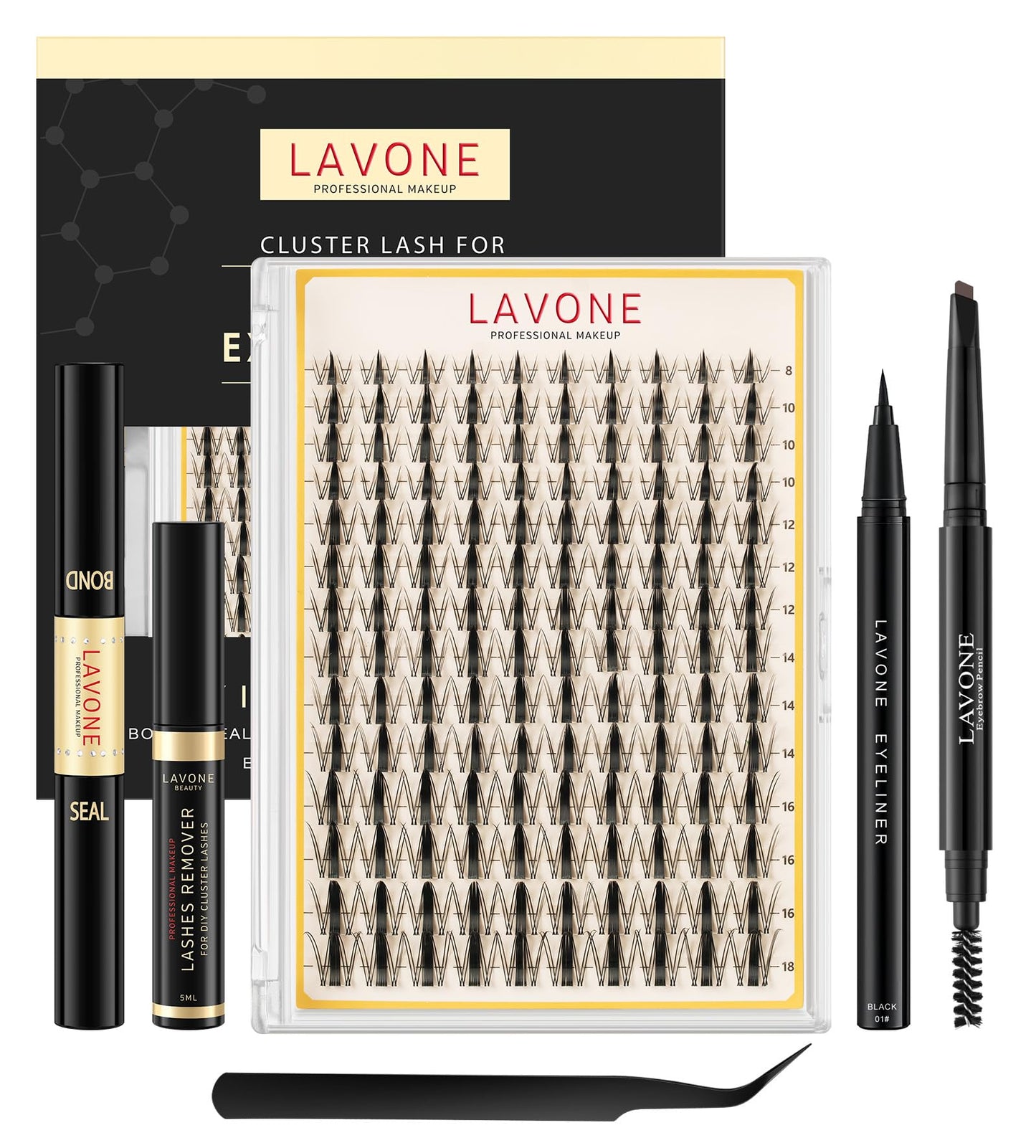 LAVONE Lash Clusters Kit, 140pcs D Curl DIY Individua Lashes, Waterproof Cluster Eyelash Extensions with Bond & Seal, Eyelashes Remover, Tweezers, Eyeliner and Eyebrow Pencil (WW007, 8-18mm)