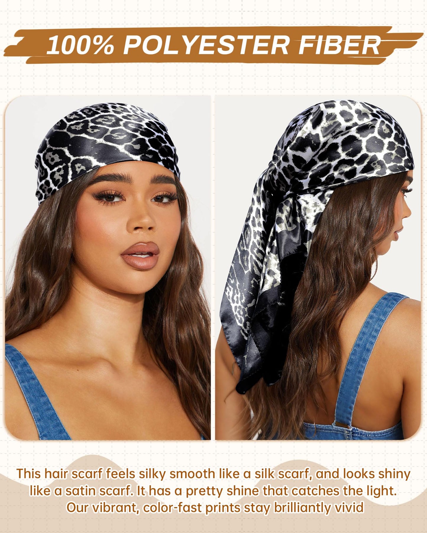 Mesovor 35” Square Head Scarf for Women, 3 Pack Like Silk Satin Headscarf Hair Neck Scarf Top Bandanas for Sleeping (Leopard(Black/Yellow/Coffee))