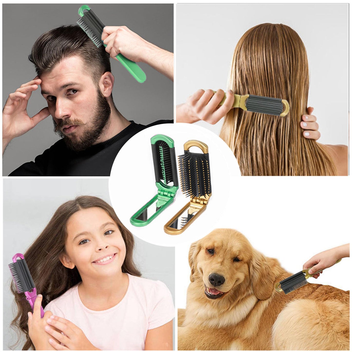 Folding Hair Brush with Mirror for Women and Girls 2Pcs, Mini Pocket Comb with Soft Nylon Bristles, Compact Travel Tool for Purse, Small Portable Hair Styling Accessory On the Go Styling Green