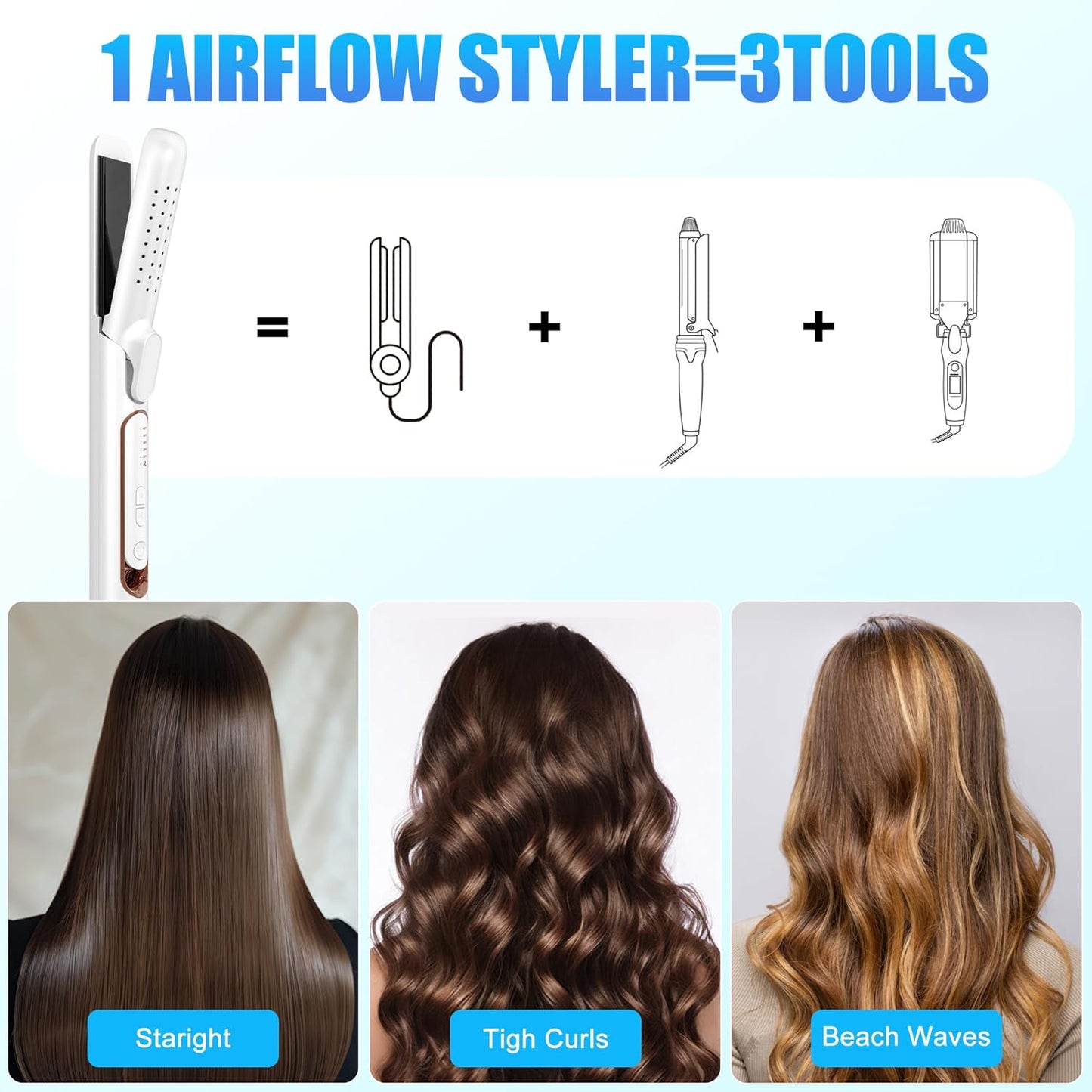 2-in-1 Curling Iron & Straightener - Ceramic Negative Ion Styler with 360° Airflow | 5 Temp Settings, Dual Voltage